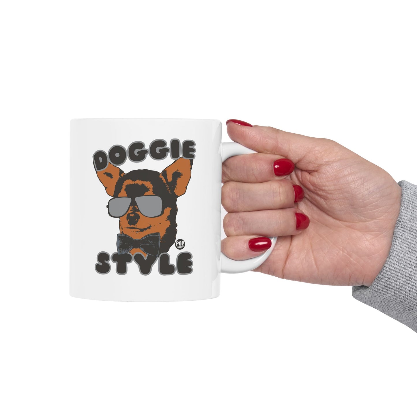 Doggie Style Mug – Funny Dog in Sunglasses and Bow Tie – Sarcastic 11oz Coffee Cup – StupidMug® by Pop Factory®