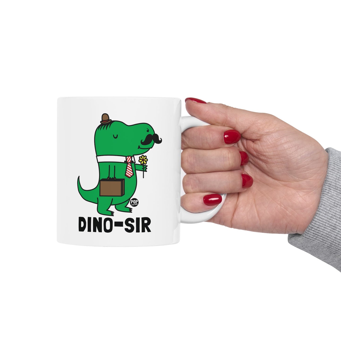 Dino-Sir Mug – Funny Dinosaur Gentleman Coffee Cup – Mustache Tie Briefcase Humor – 11oz Ceramic – StupidMug® by Pop Factory®