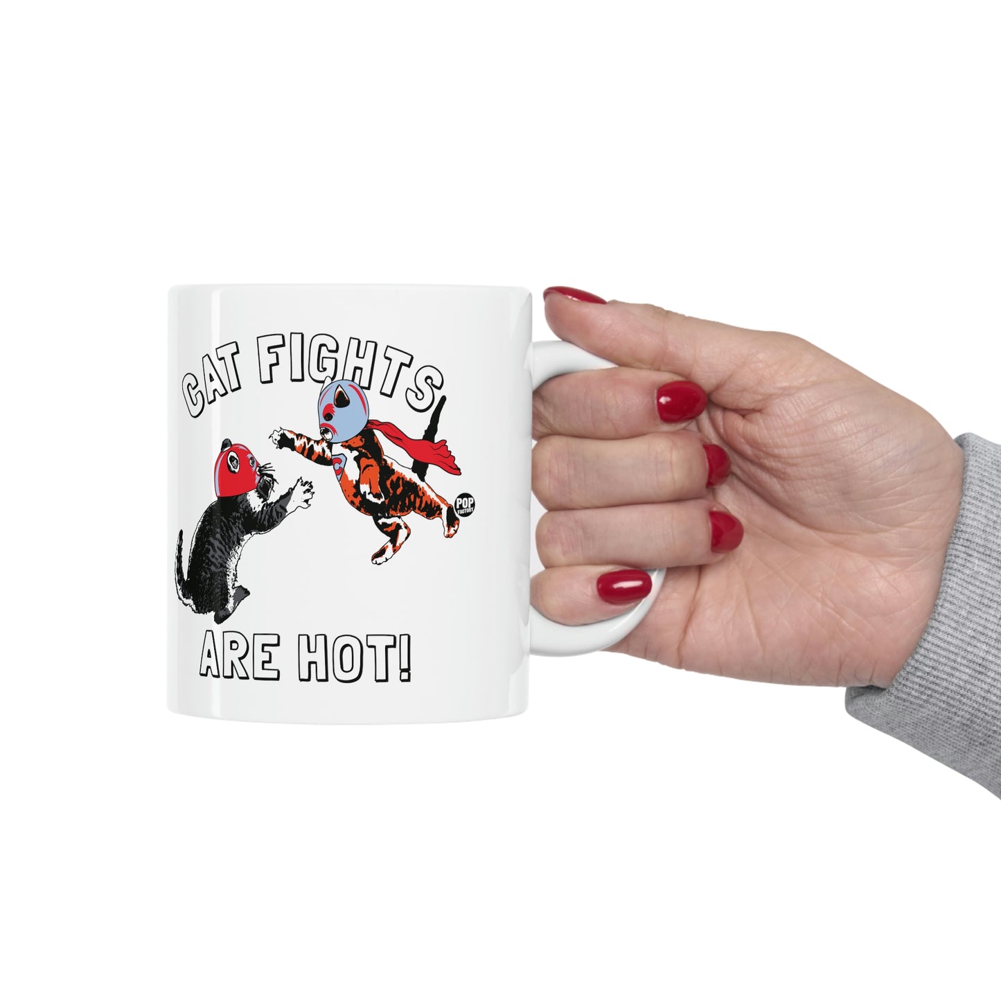 Cat Fights Are Hot Mug – Funny Cat Lover Coffee Cup – Wrestler Cats Design – 11oz Ceramic – StupidMug® by Pop Factory®