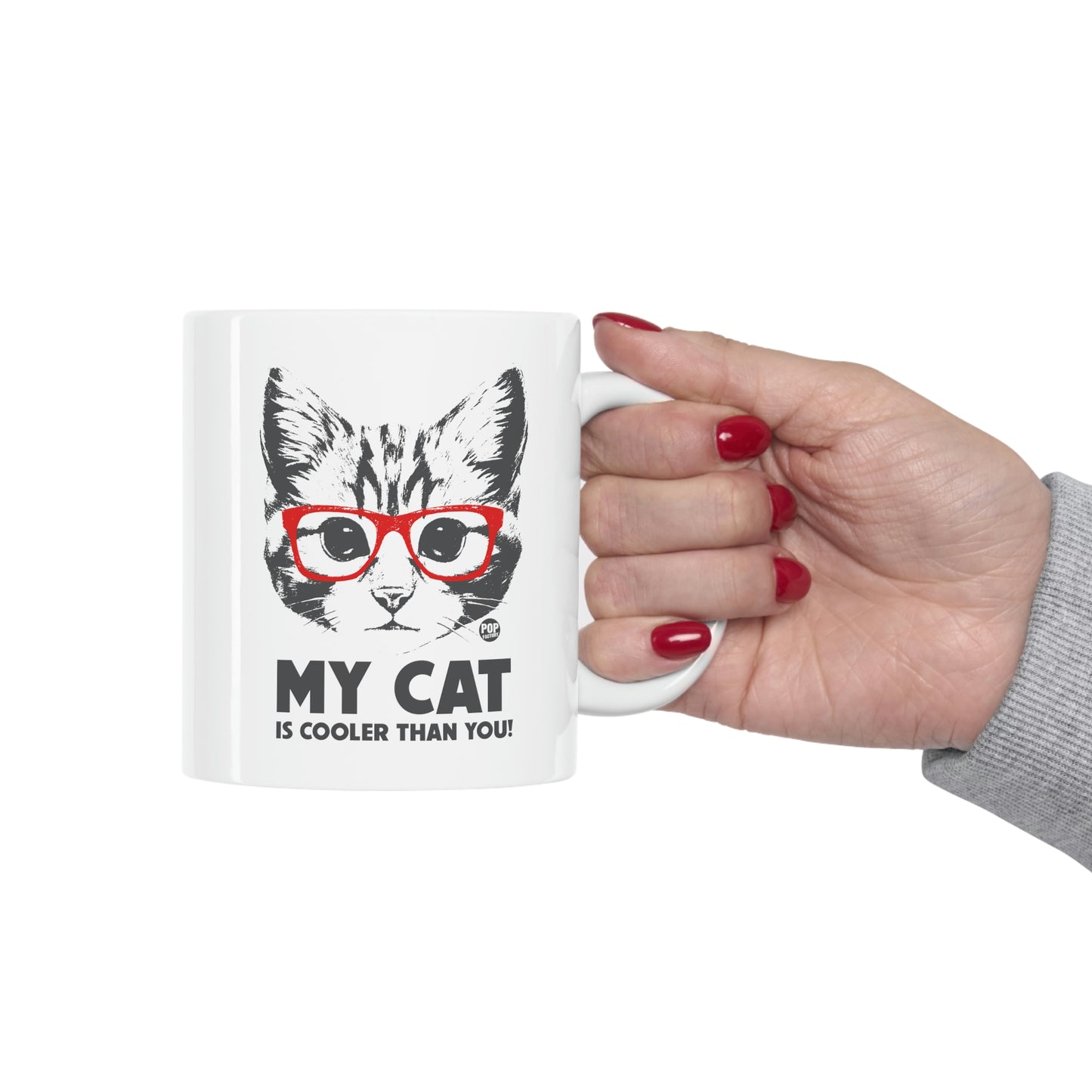My Cat Is Cooler Than You Mug – Funny Tabby Cat with Red Glasses – 11oz Ceramic Coffee Cup – StupidMug® by Pop Factory®