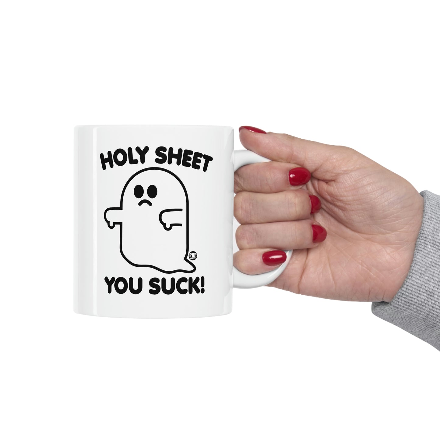 Holy Sheet You Suck Ghost Mug – Funny Ghost Coffee Cup – Sarcastic Halloween Gift – StupidMug® by Pop Factory® – 11oz