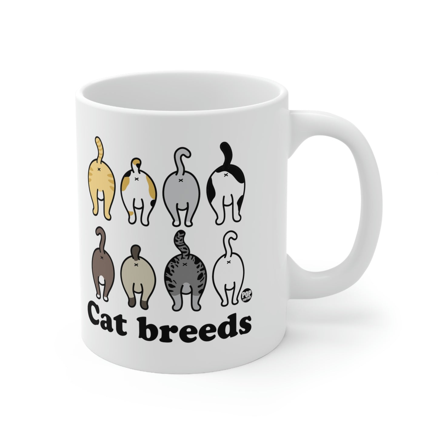 White ceramic mug with various cat rear silhouettes labeled “Cat breeds” – Pop Factory® funny cat butt coffee cup