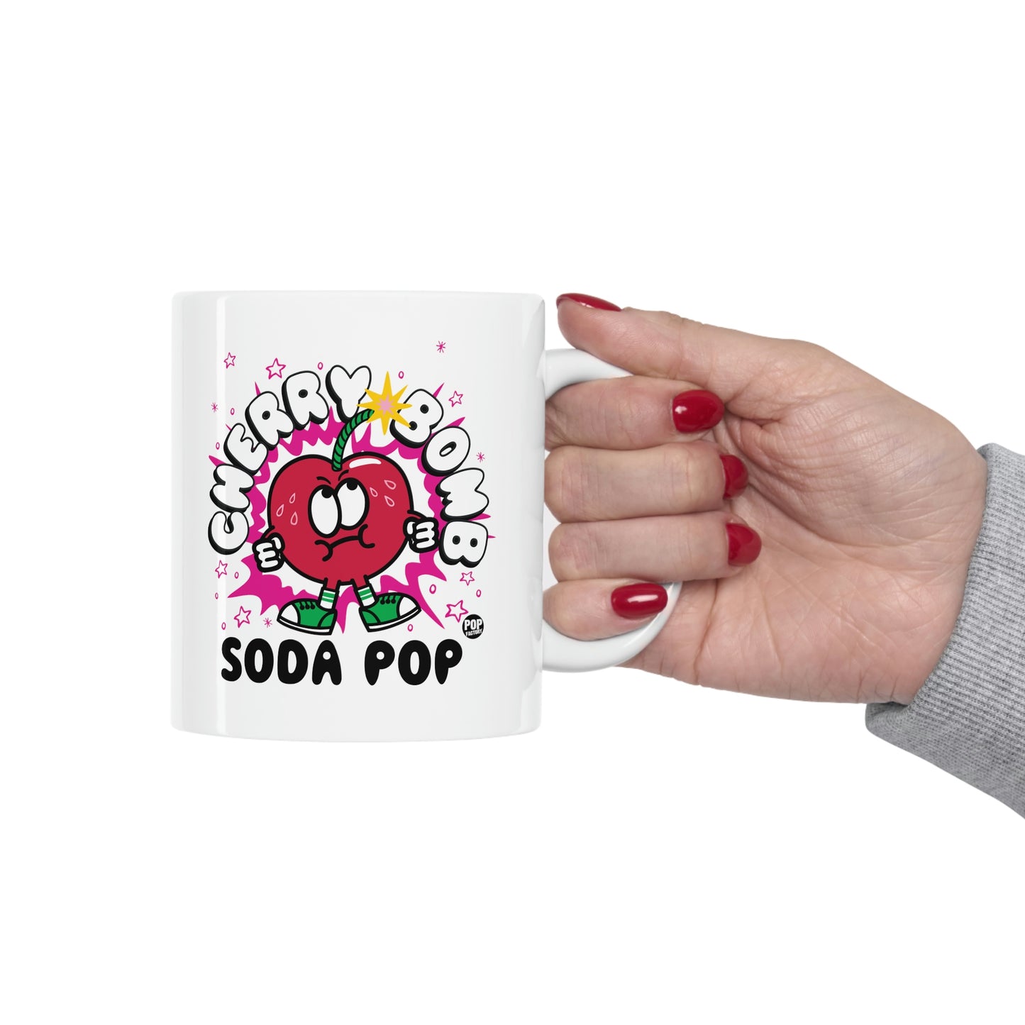 Cherry Bomb Soda Pop Mug – Funny Angry Fruit Coffee Cup – Retro Kawaii Drinkware – StupidMug® by Pop Factory® – 11oz
