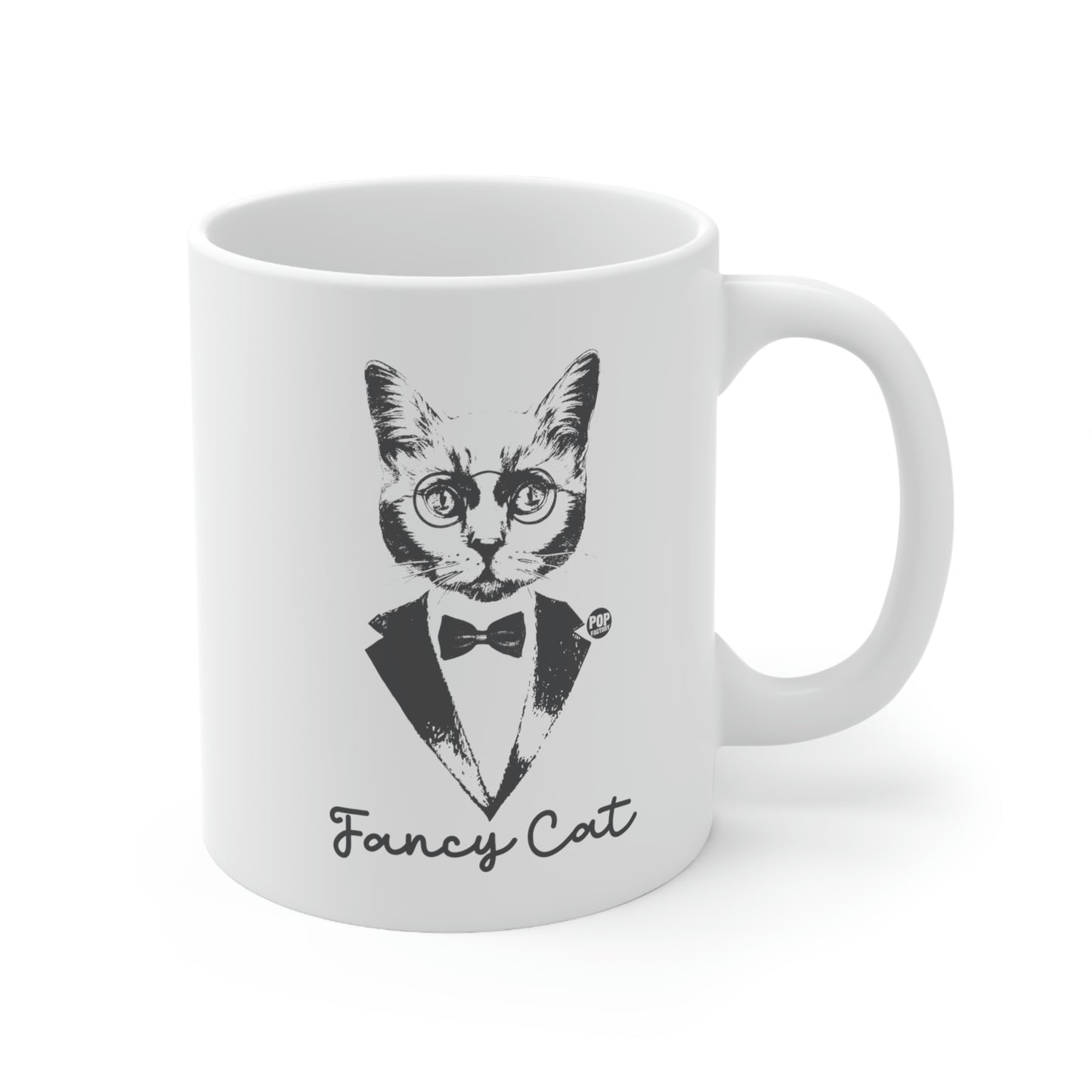 Fancy Cat mug with tuxedo-wearing feline in bow tie – classy black and white cat coffee cup by Pop Factory®