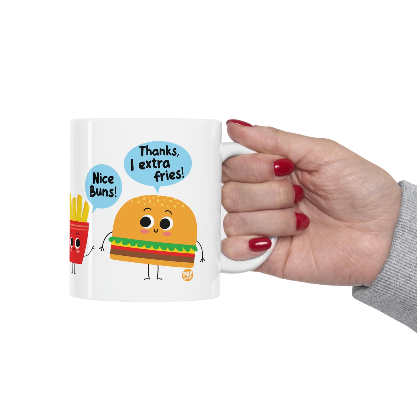 Nice Buns Extra Fries Mug – Funny Burger & Fries Coffee Cup – StupidMug® by Pop Factory® – Fast Food Pun Gift – 11oz Ceramic