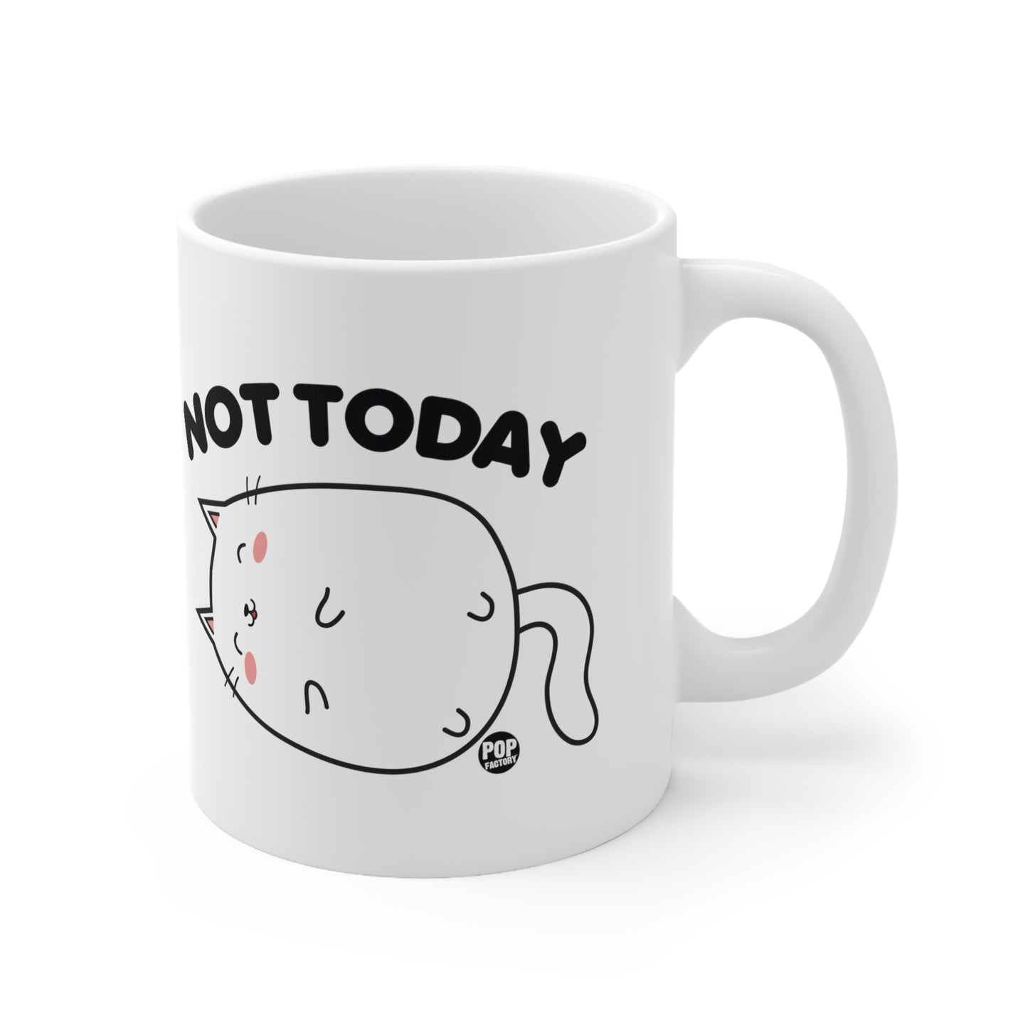 White ceramic mug with laid‑back cat illustration and “Not Today” text – Pop Factory® funny lazy cat coffee cup