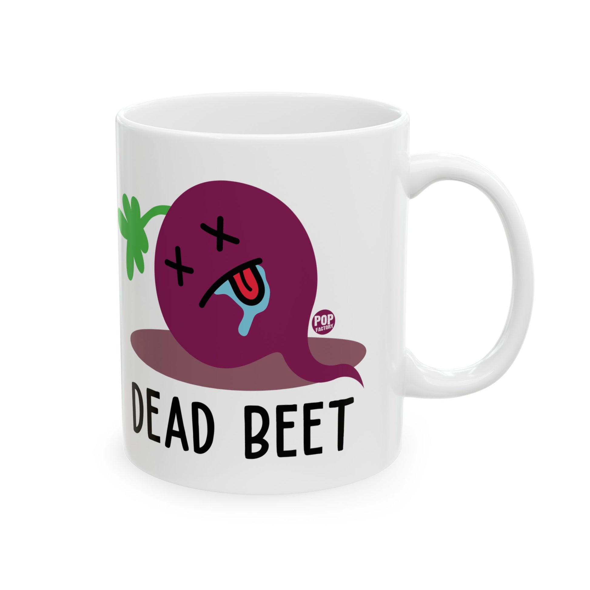 Dead Beet pun coffee mug with cartoon beet – 11oz funny food humor gift by StupidMug and Pop Factory