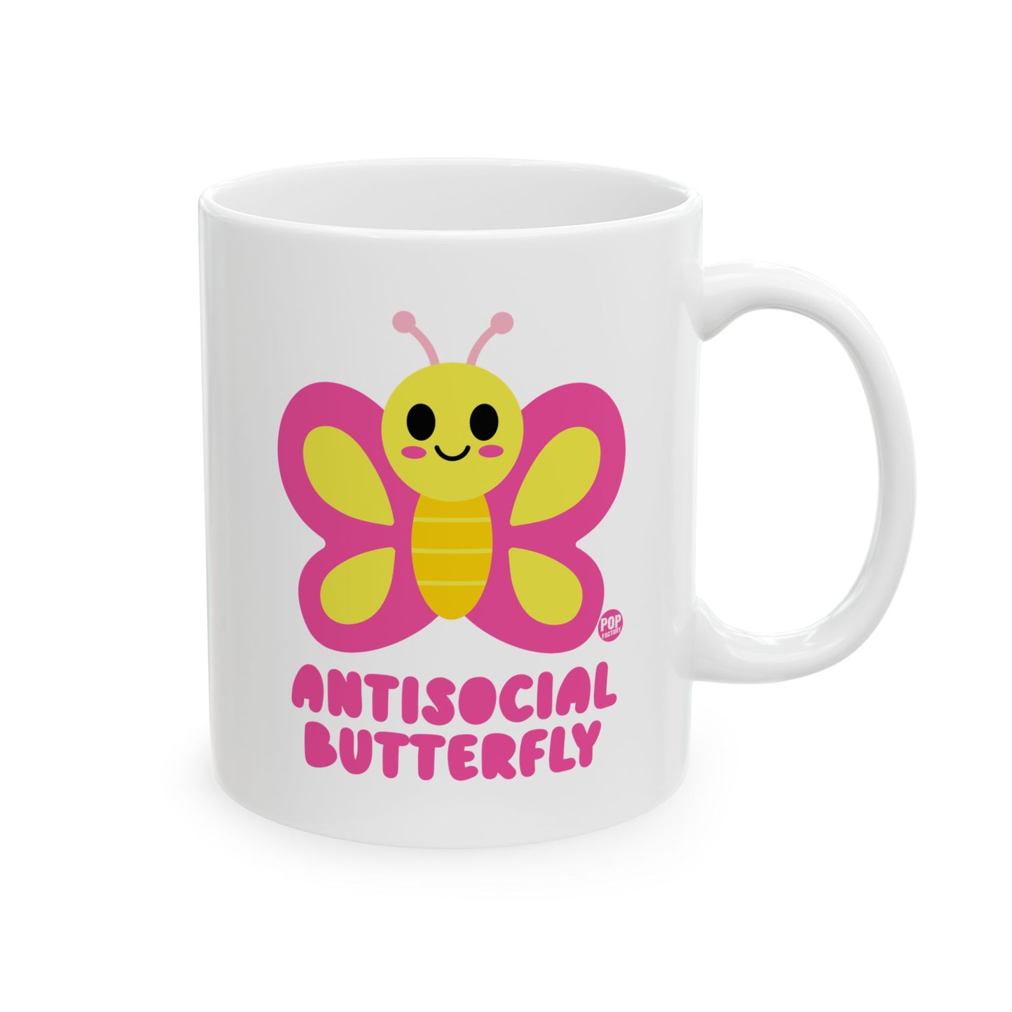 Antisocial Butterfly mug with cute pink and yellow design – 11oz ceramic coffee cup for introverts by StupidMug and Pop Factory