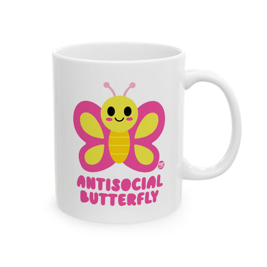 Antisocial Butterfly mug with cute pink and yellow design – 11oz ceramic coffee cup for introverts by StupidMug and Pop Factory