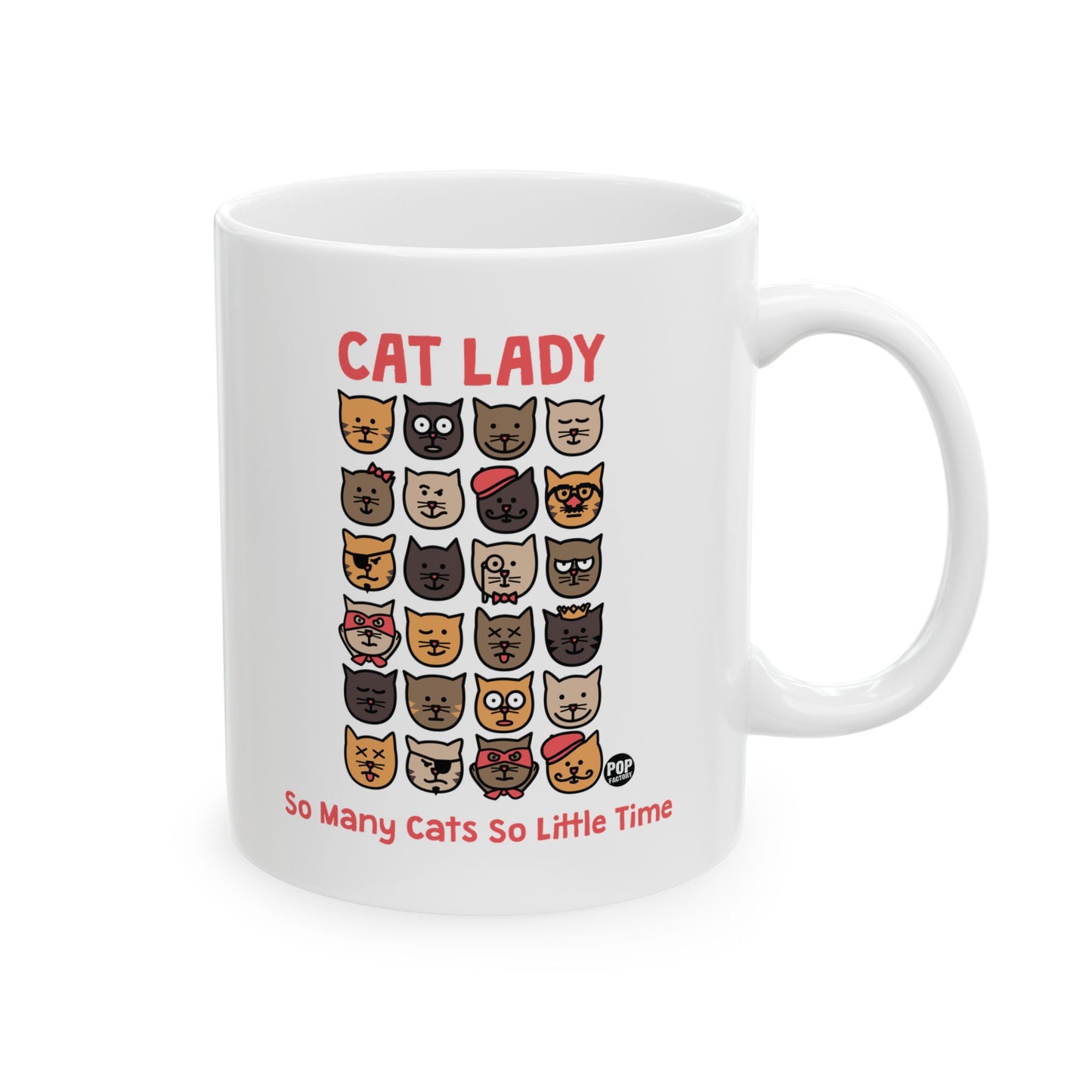Cat Lady mug with 24+ cartoon cats and text So Many Cats So Little Time – 11oz funny ceramic coffee cup by StupidMug
