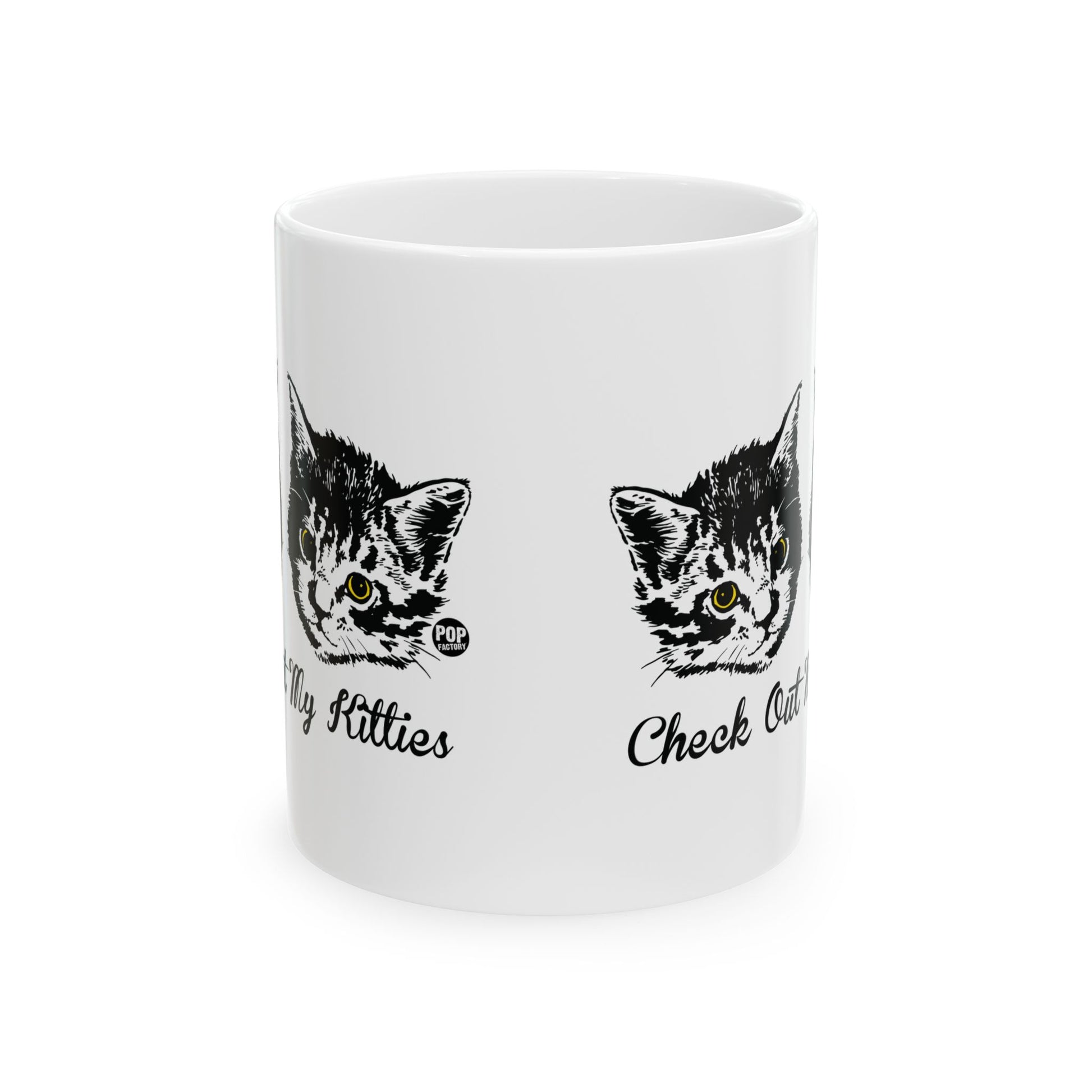 Funny cat mug with vintage kitten art and “Check Out My Kitties” text by Pop Factory on white ceramic coffee cup
