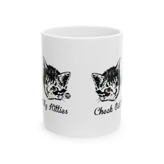 Funny cat mug with vintage kitten art and “Check Out My Kitties” text by Pop Factory on white ceramic coffee cup
