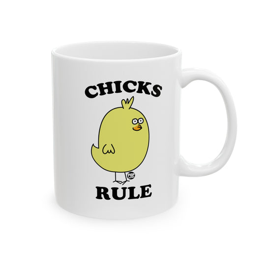 White ceramic mug with cartoon yellow chick and “Chicks Rule” text – Pop Factory® funny chicken lover coffee cup
