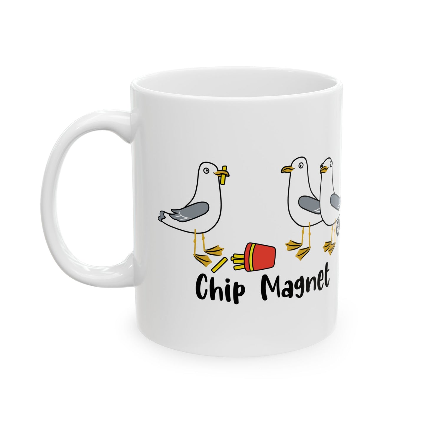 Funny Chip Magnet seagull mug with fries joke – perfect gift for beach lovers and snack defenders – StupidMug® by Pop Factory®

