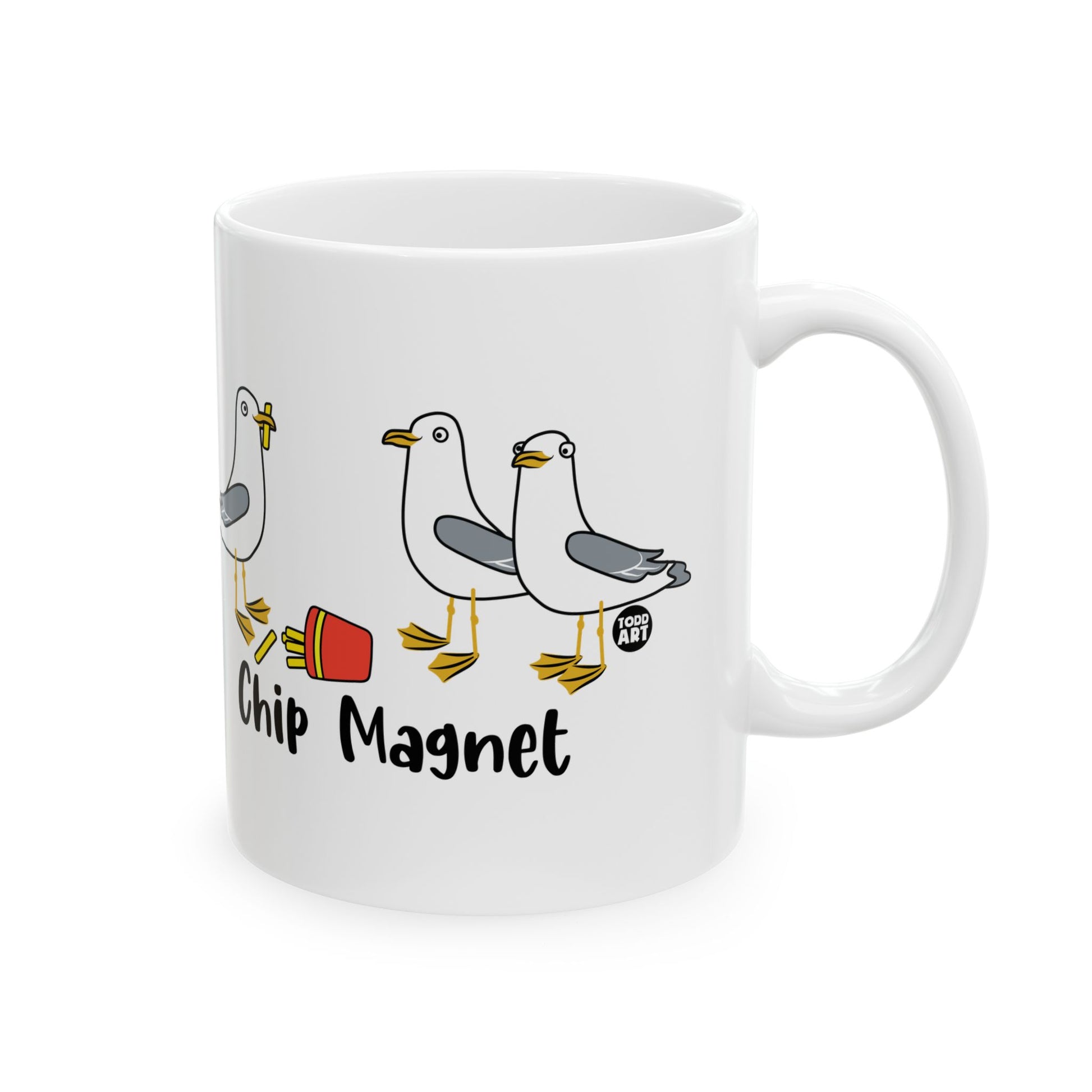 Funny Chip Magnet seagull mug with fries joke – perfect gift for beach lovers and snack defenders – StupidMug® by Pop Factory®
