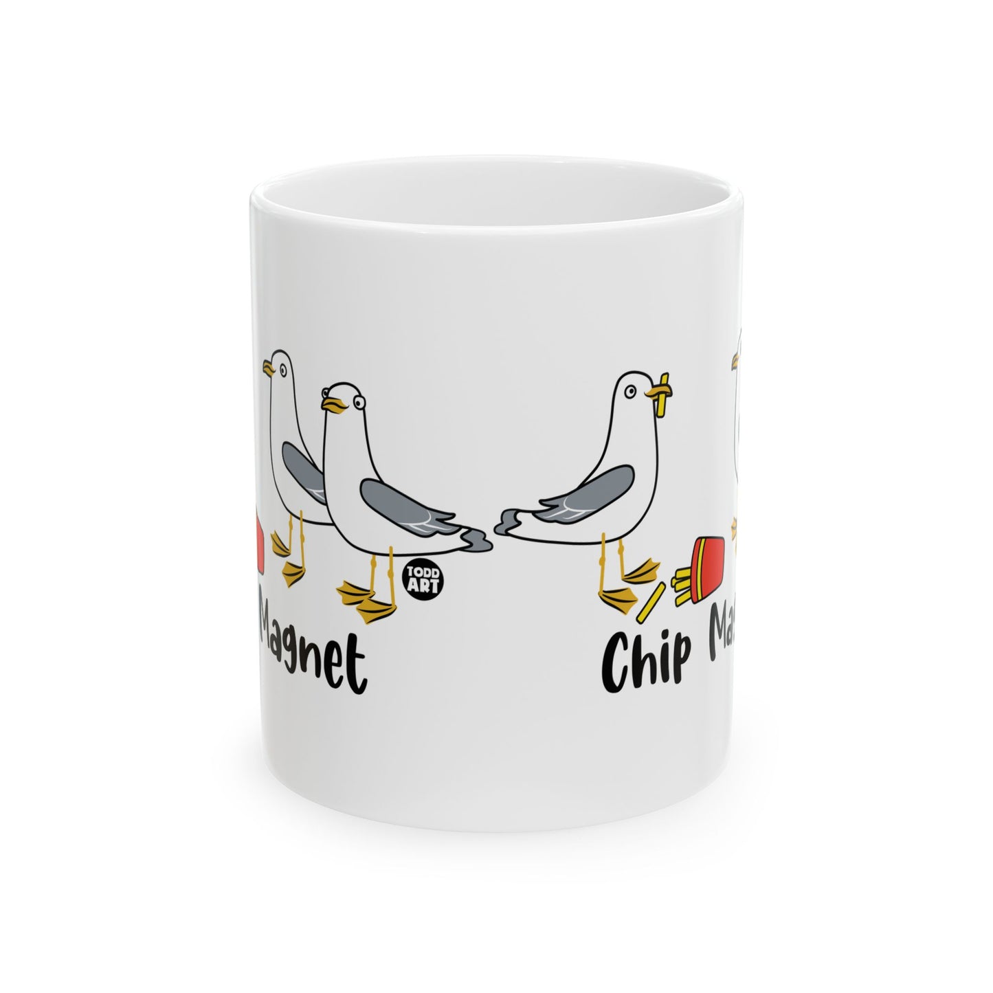 Funny Chip Magnet seagull mug with fries joke – perfect gift for beach lovers and snack defenders – StupidMug® by Pop Factory®