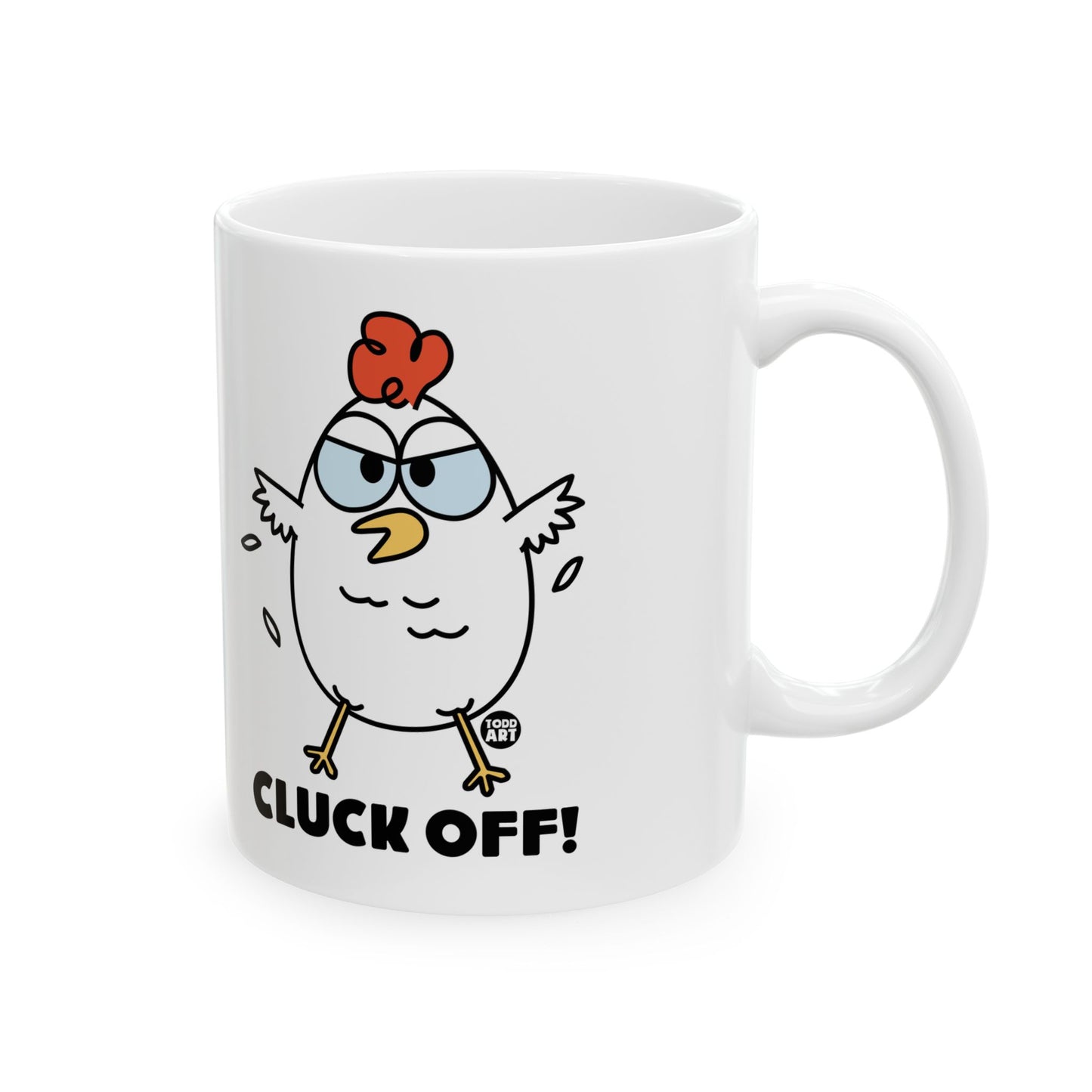 Funny angry chicken mug with “Cluck Off!” slogan – white ceramic adult humor coffee cup by Pop Factory
