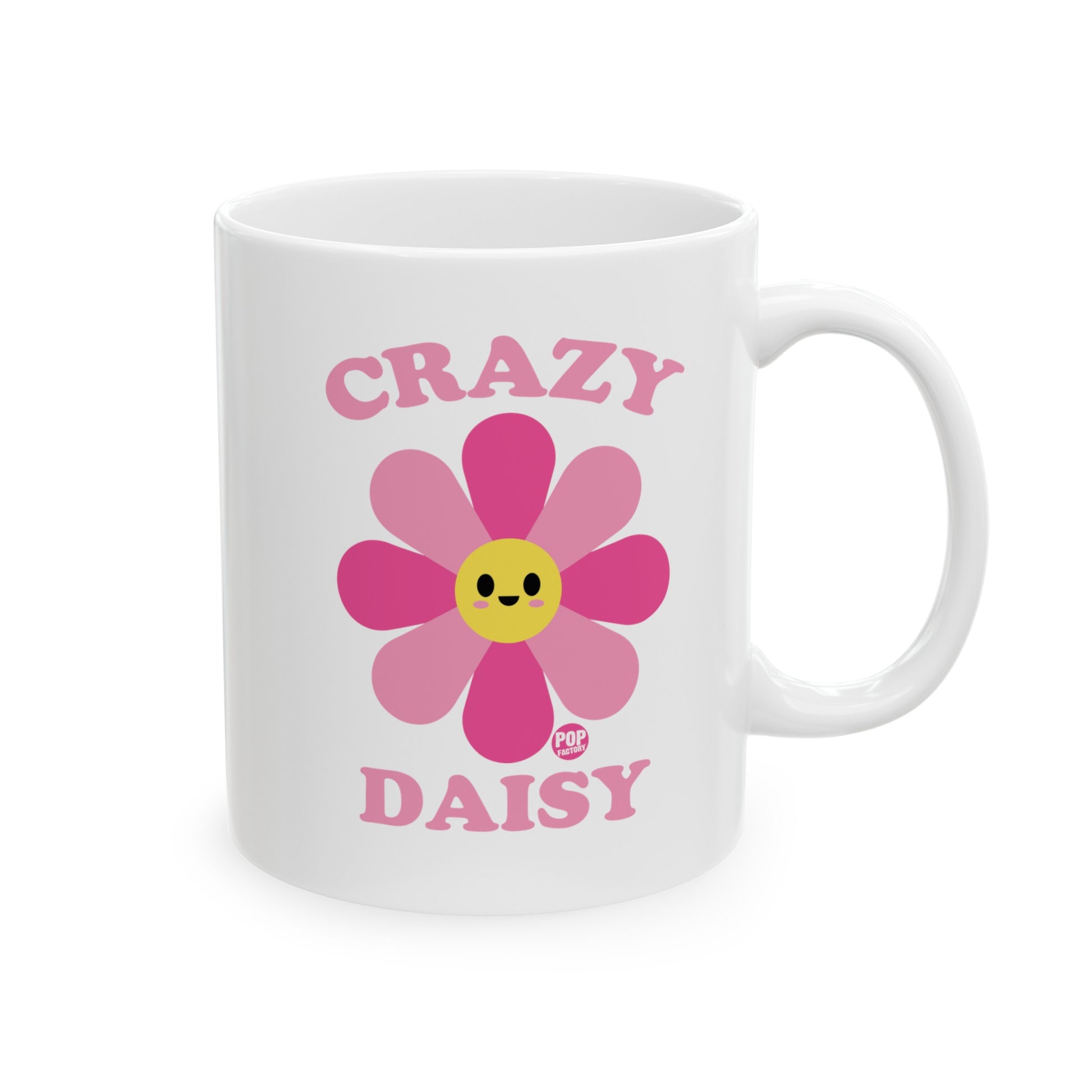 Funny flower mug with bold “Crazy Daisy” pink daisy design – ceramic coffee cup by Pop Factory for StupidMug collection
