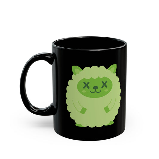 Deadimals sheep mug – green cartoon dead sheep on black ceramic coffee cup by Pop Factory