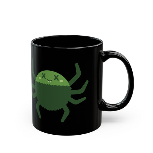 Deadimals Spider character on black ceramic coffee mug – limited edition creepy cute art mug by Pop Factory®