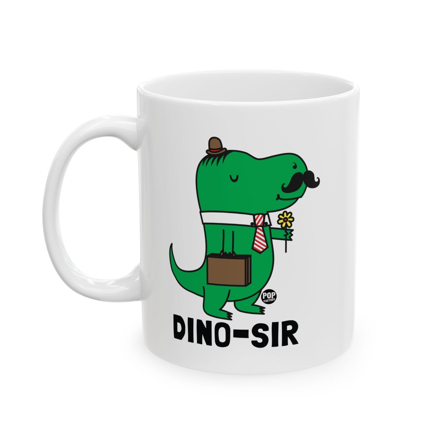 Dino-Sir Mug – Funny Dinosaur Gentleman Coffee Cup – Mustache Tie Briefcase Humor – 11oz Ceramic – StupidMug® by Pop Factory®