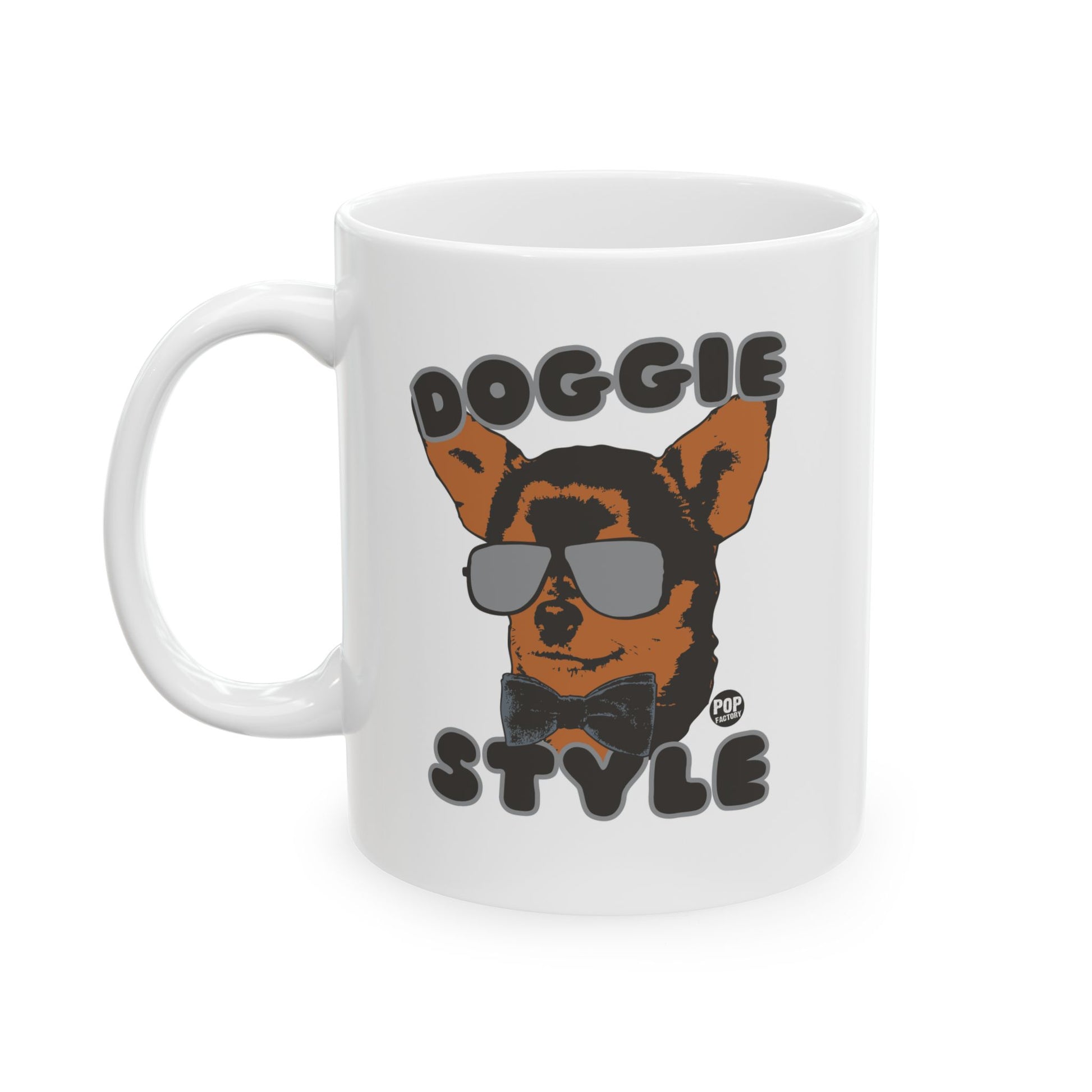 Funny coffee mug with dog in sunglasses and bow tie with Doggie Style text – 11oz ceramic cup by StupidMug® and Pop Factory®