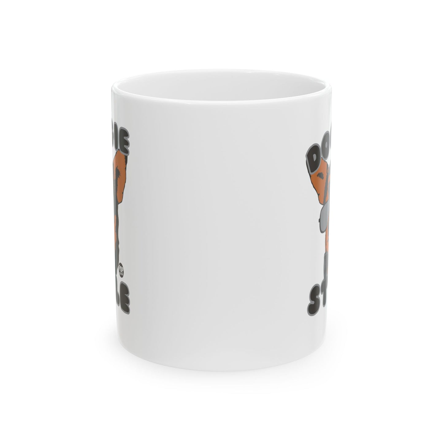 Funny coffee mug with dog in sunglasses and bow tie with Doggie Style text – 11oz ceramic cup by StupidMug® and Pop Factory®