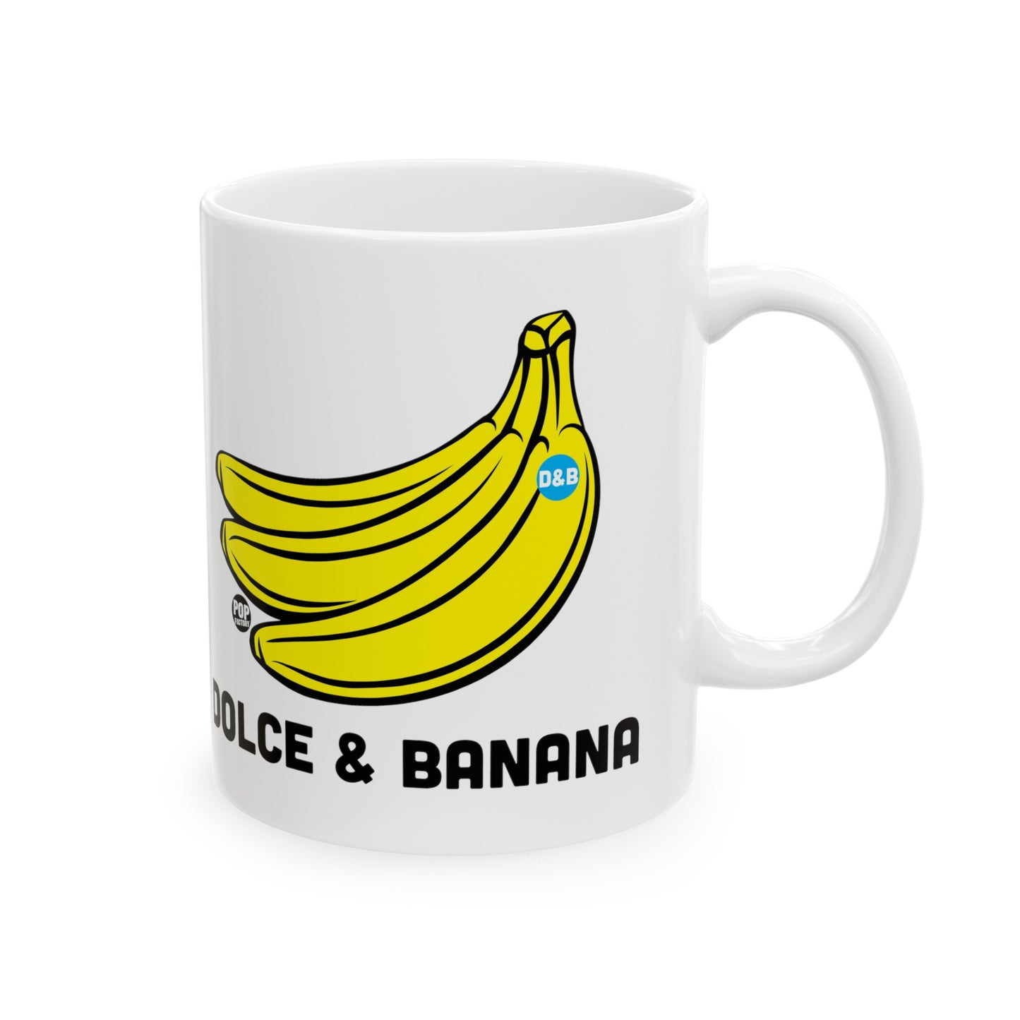 Funny coffee mug with cartoon bananas and “Dolce & Banana” parody design – Pop Factory® humor gift by StupidMug®
