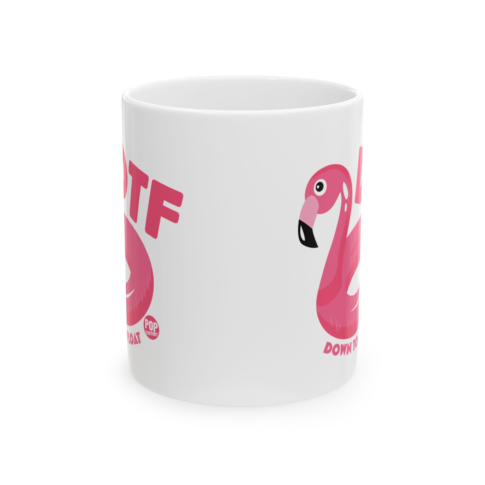 Funny DTF Down to Float mug with pink flamingo floatie – adult humor summer coffee cup by Pop Factory®