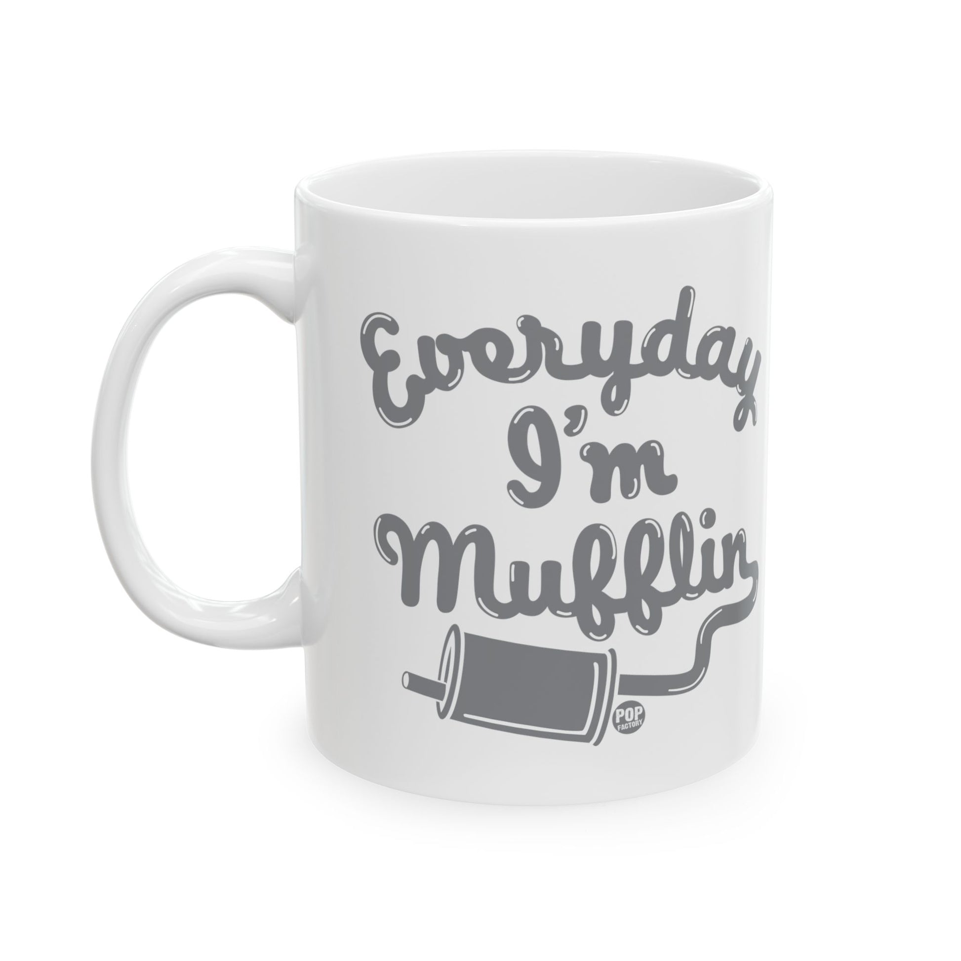 Funny mug that says Everyday I’m Mufflin – 11oz ceramic baking pun gift with rolling pin – by StupidMug and Pop Factory