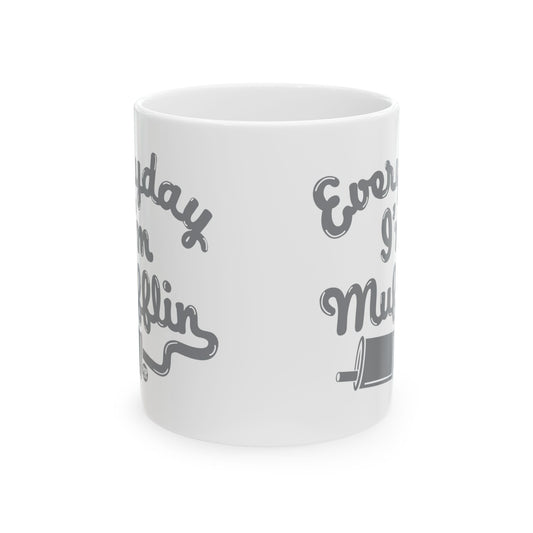 Funny mug that says Everyday I’m Mufflin – 11oz ceramic baking pun gift with rolling pin – by StupidMug and Pop Factory