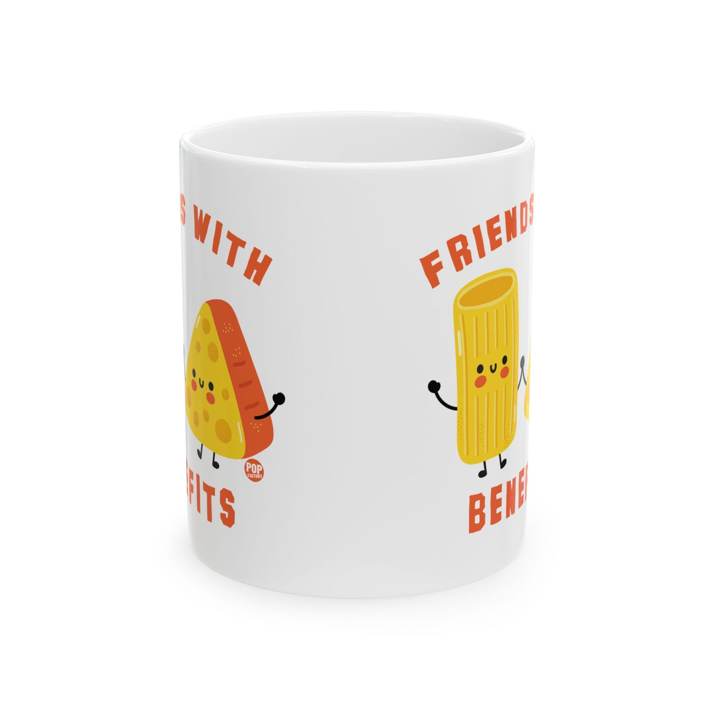 Funny Friends With Benefits mug featuring pasta and cheese characters – 11oz ceramic pun coffee cup