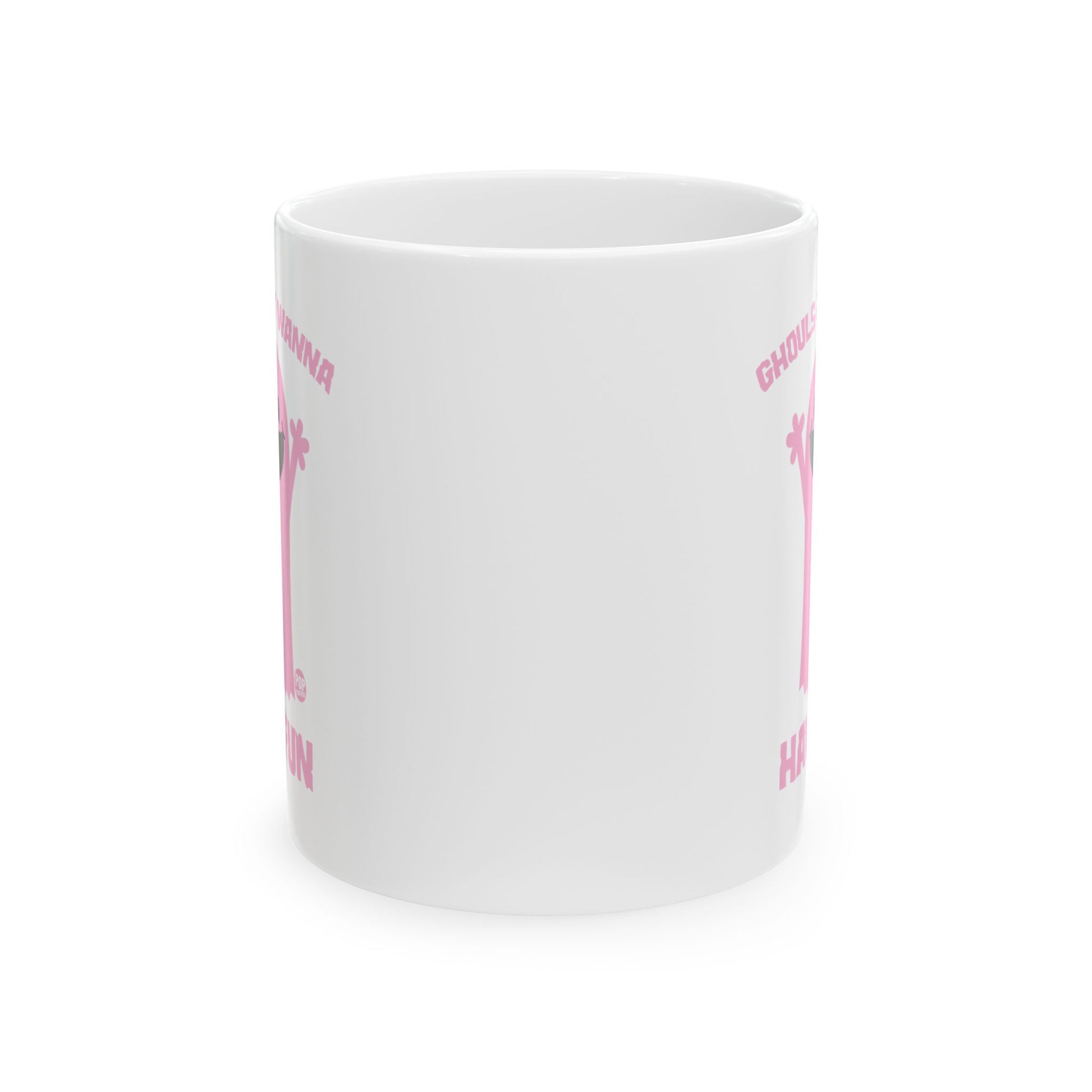 Pink ghost mug with “Ghouls Just Wanna Have Fun” – funny Halloween coffee cup by StupidMug® and Pop Factory®