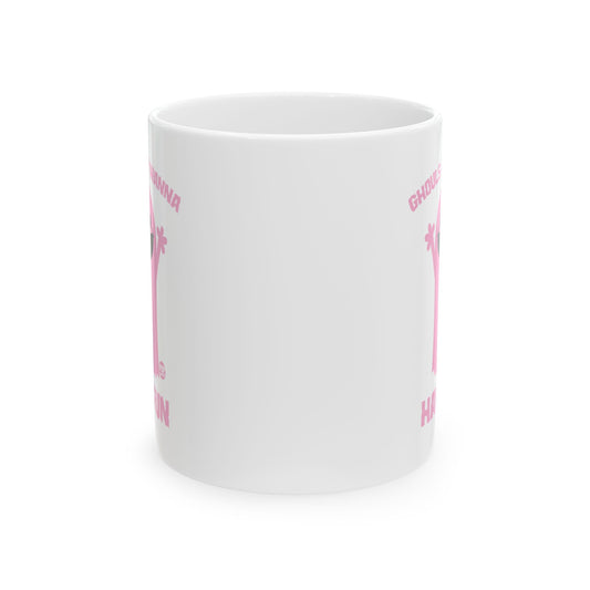 Pink ghost mug with “Ghouls Just Wanna Have Fun” – funny Halloween coffee cup by StupidMug® and Pop Factory®
