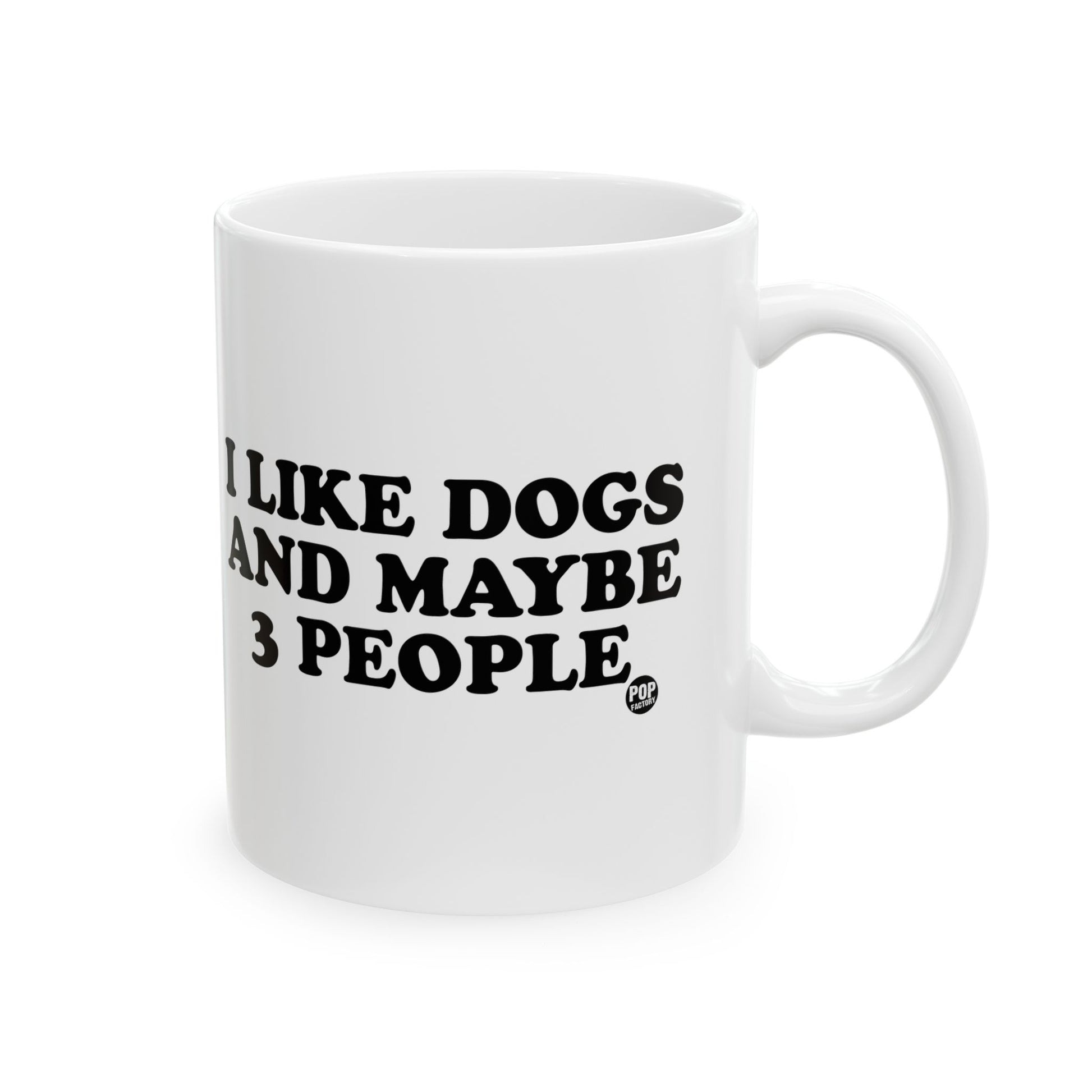 Funny coffee mug that reads I Like Dogs and Maybe 3 People – sarcastic 11oz ceramic cup for dog lovers by StupidMug® and Pop Factory®