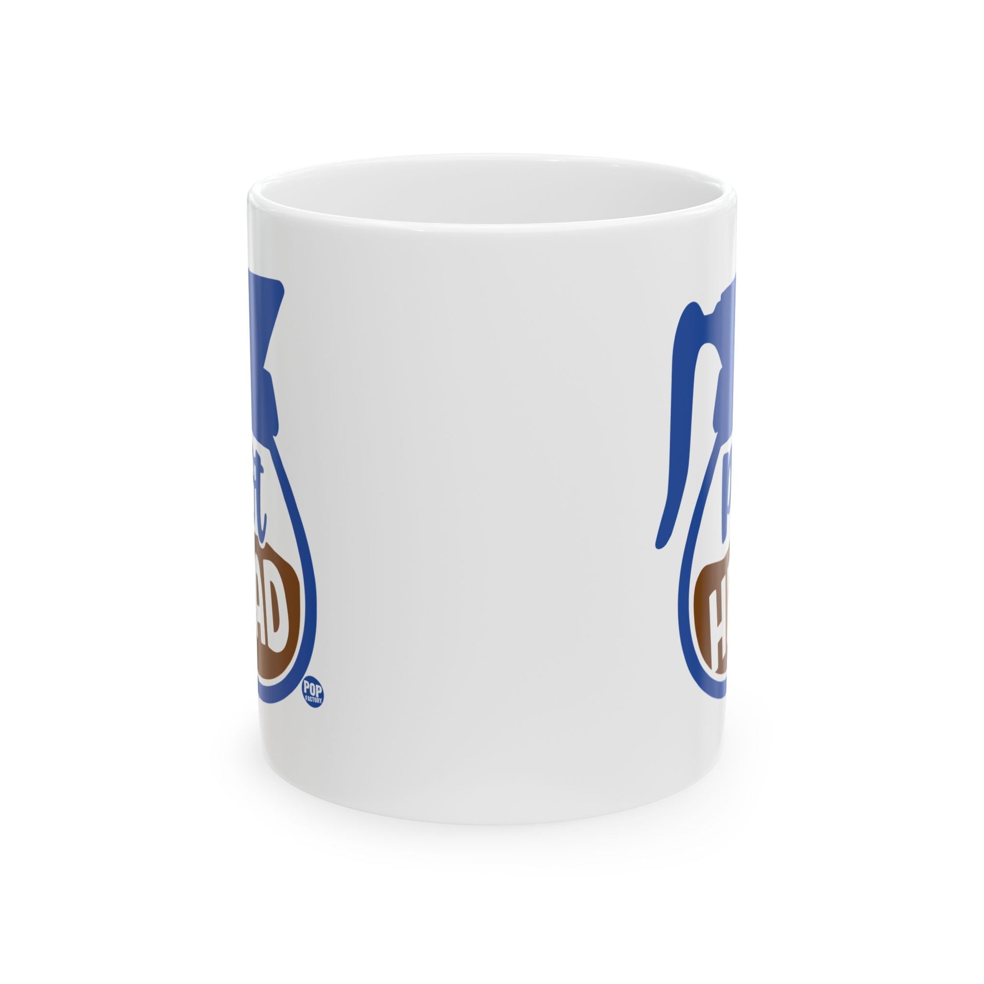 White ceramic mug with blue coffee pot and “pot head” text – funny pun coffee cup by Pop Factory® for coffee lovers
