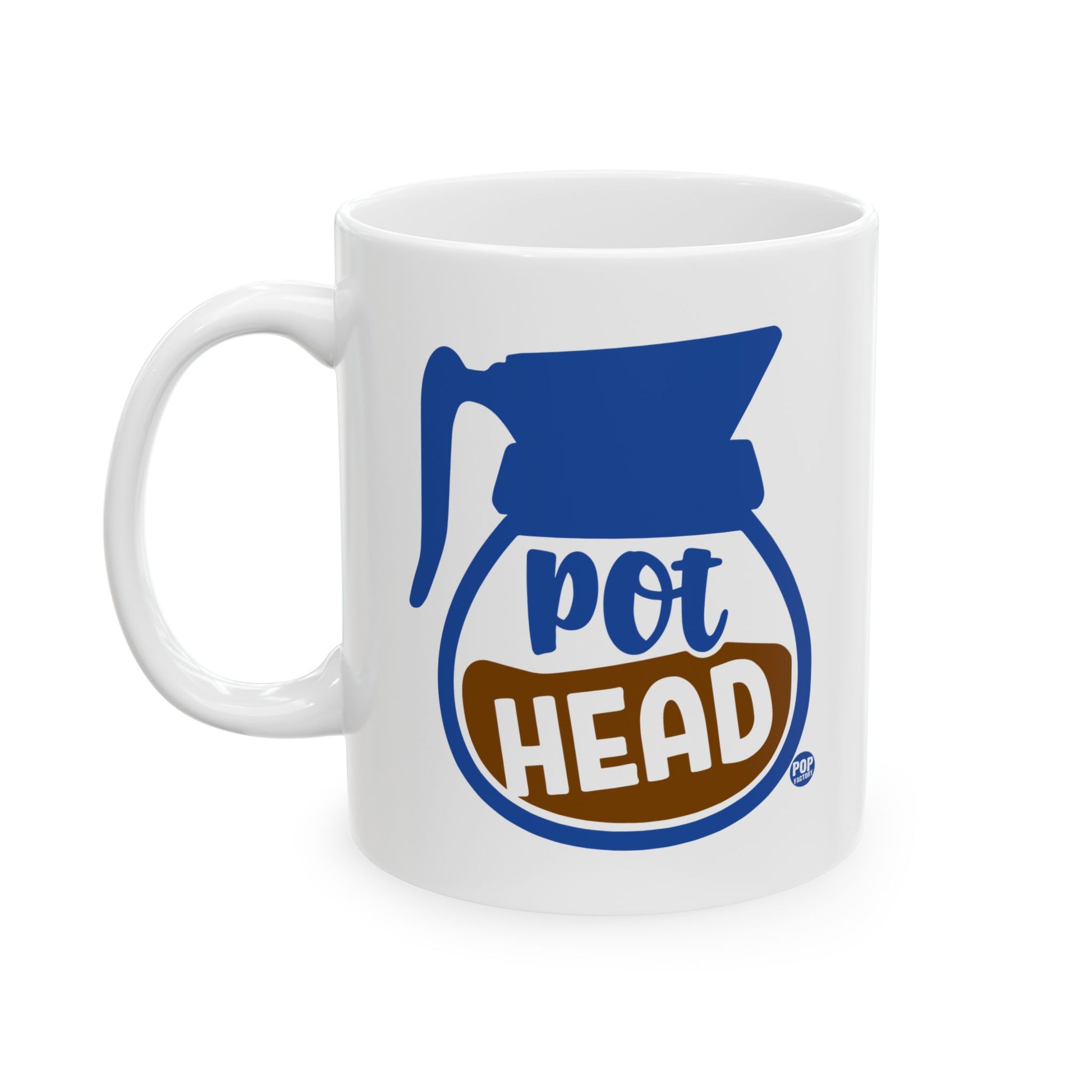 White ceramic mug with blue coffee pot and “pot head” text – funny pun coffee cup by Pop Factory® for coffee lovers
