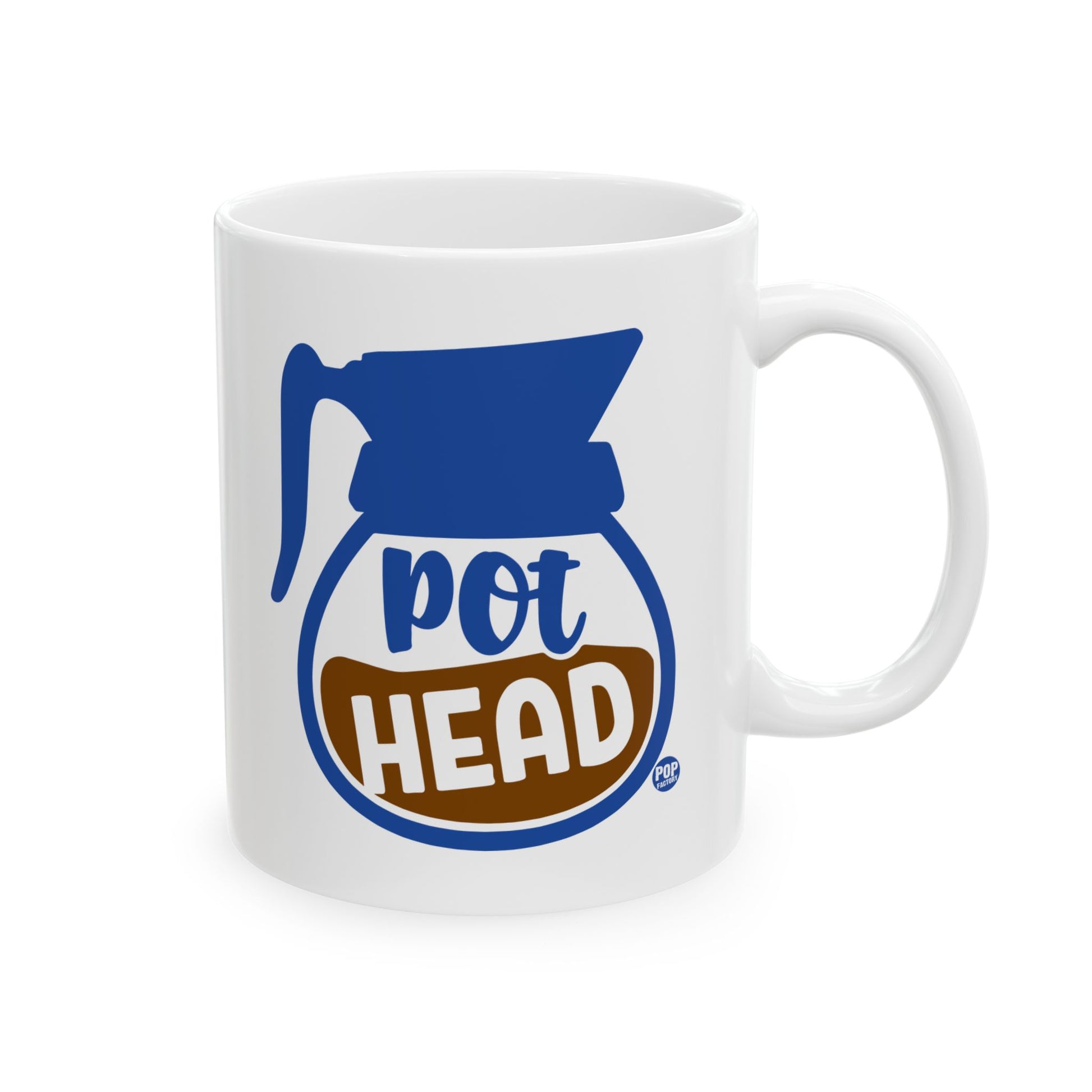 White ceramic mug with blue coffee pot and “pot head” text – funny pun coffee cup by Pop Factory® for coffee lovers
