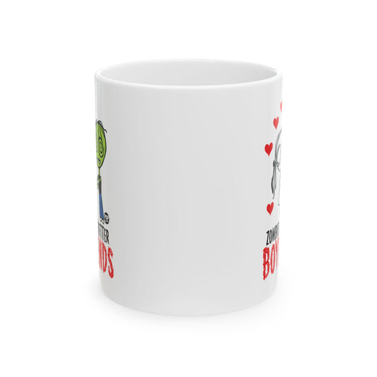 Zombies Make Better Boyfriends mug with cartoon couple and red hearts – 11oz horror-themed coffee cup