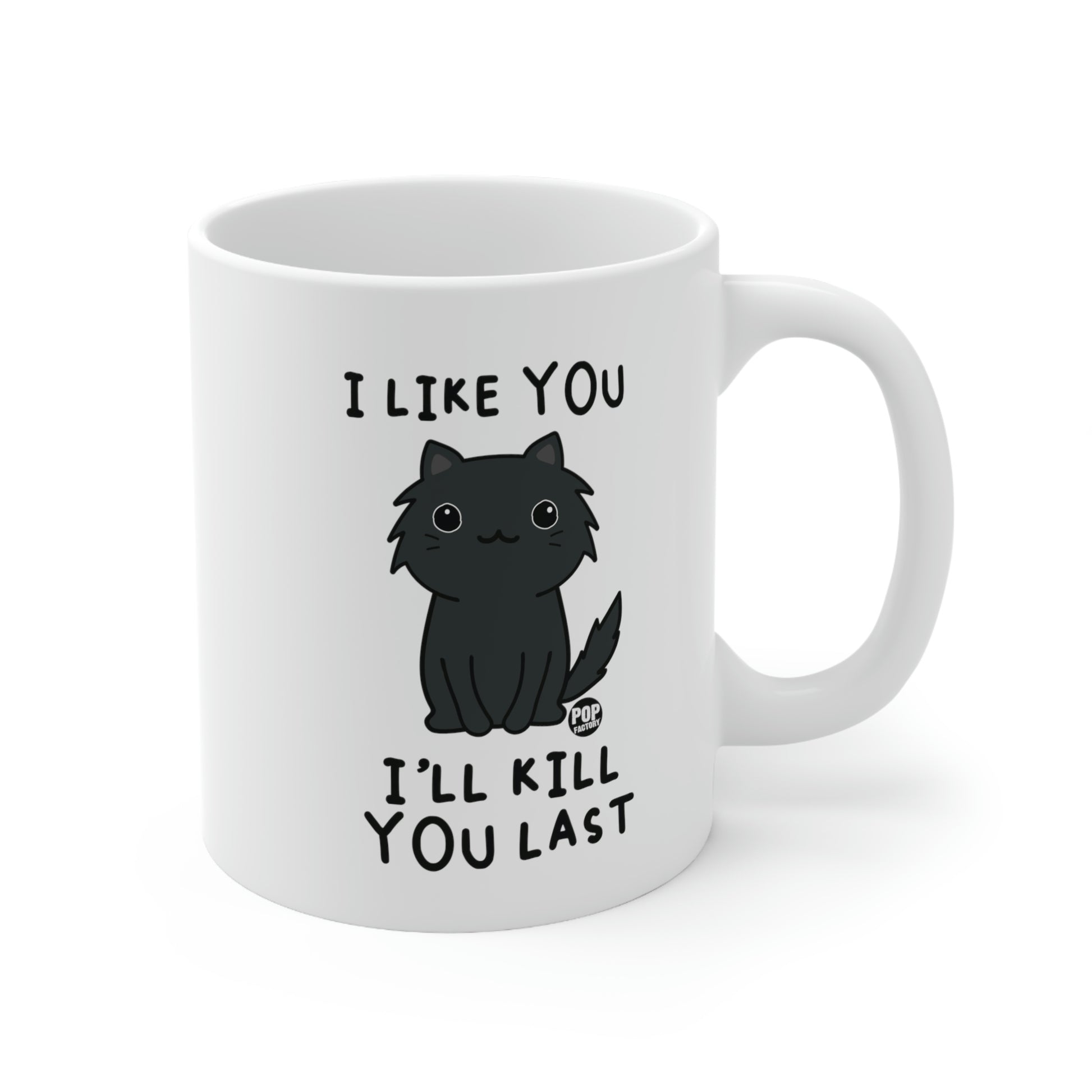 PHOTO OF BLACK CAT ON WHITE MUG WITH TEXT "I LIKE YOU I'LL KILL YOU LAST"