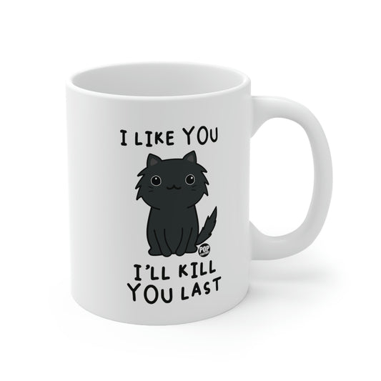 PHOTO OF BLACK CAT ON WHITE MUG WITH TEXT "I LIKE YOU I'LL KILL YOU LAST"