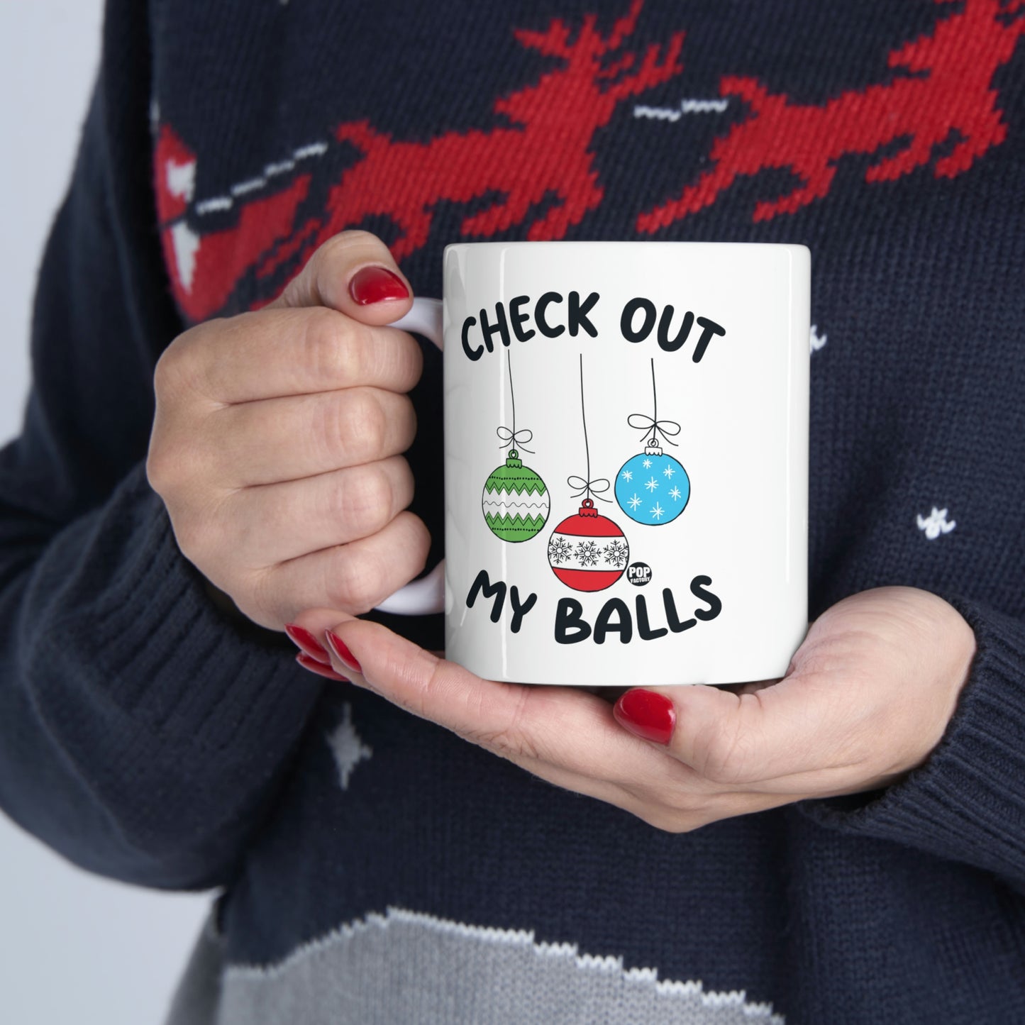 Check Out My Balls Christmas Mug – Funny Holiday Ornament Coffee Cup by StupidMug – Pop Factory® Cheeky Xmas Gift for Coworkers & Family