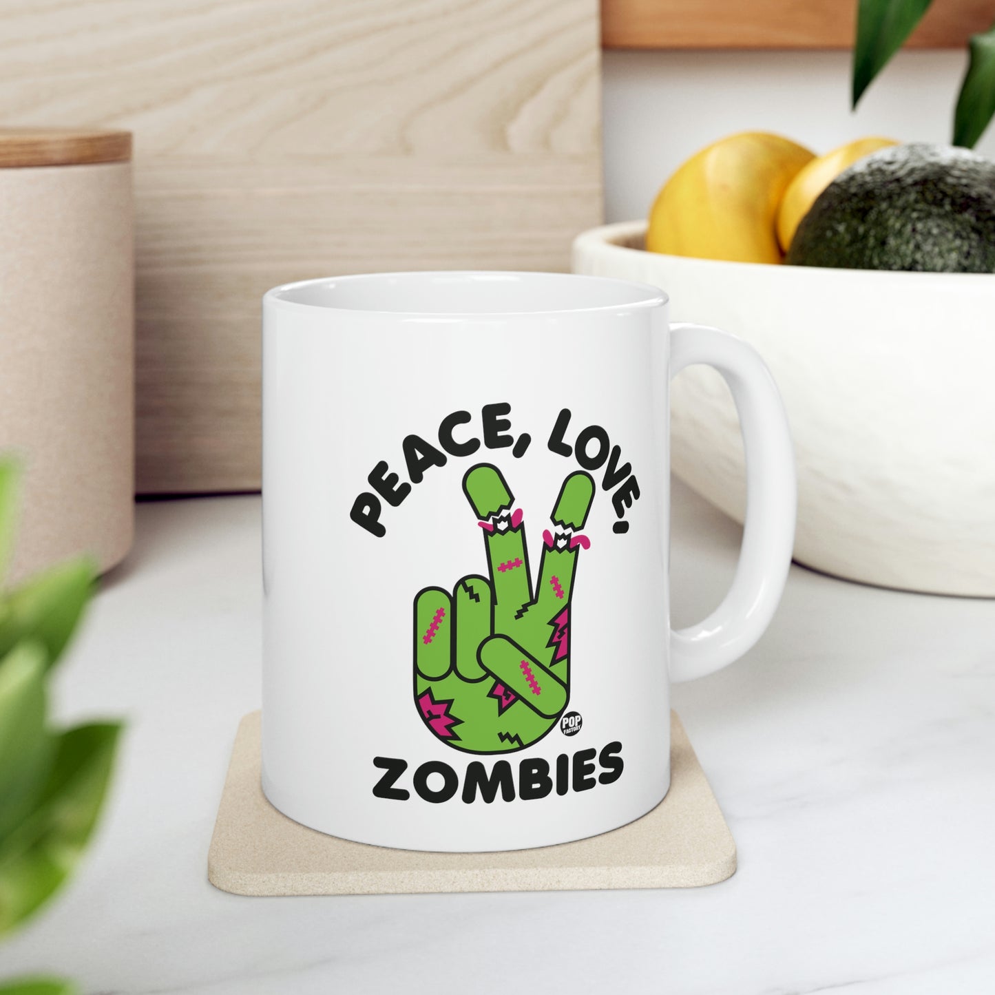 PEACE, LOVE, ZOMBIES COFFEE MUG