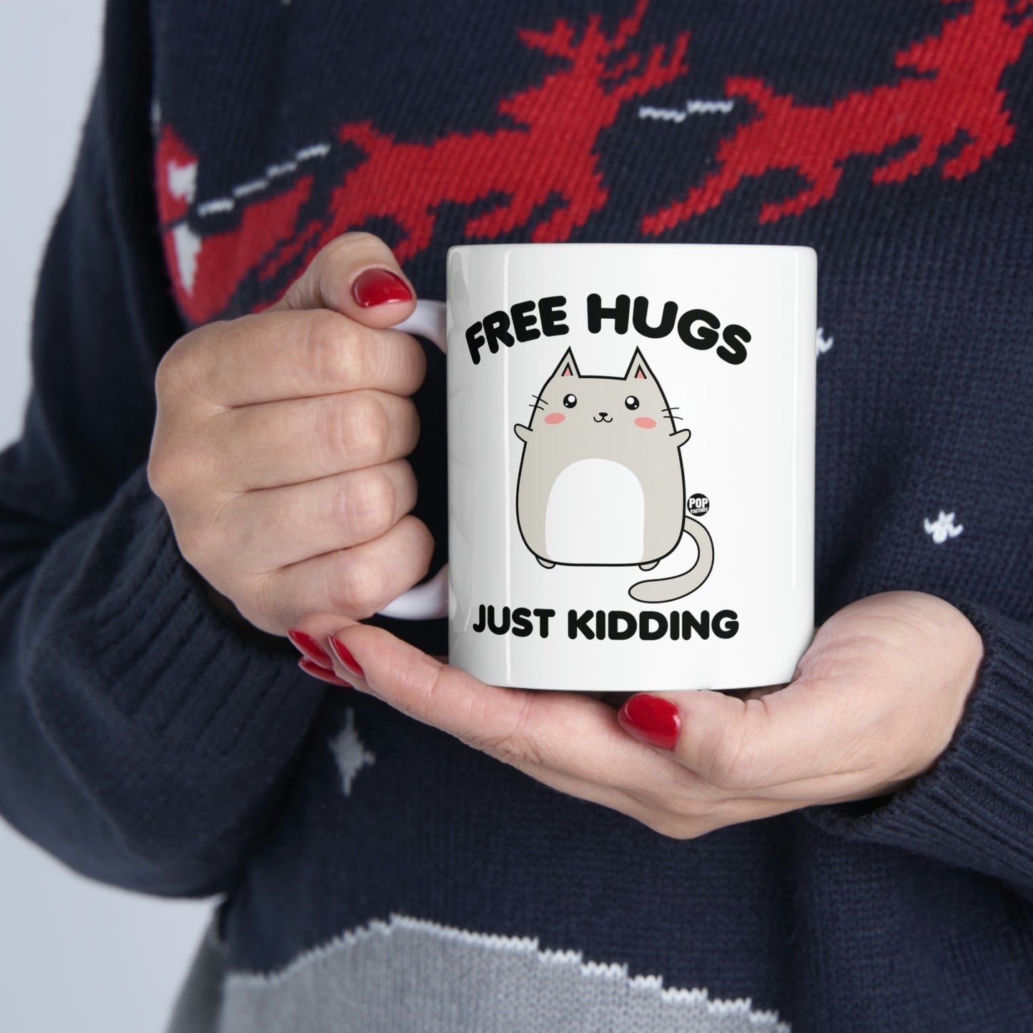 FREE HUGS JUST KIDDING CAT COFFEE MUG