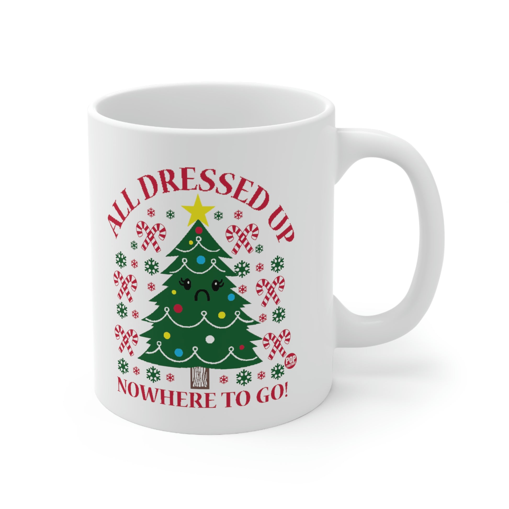 white mug with christmas trees with ornament and Kwaii sad eyes 