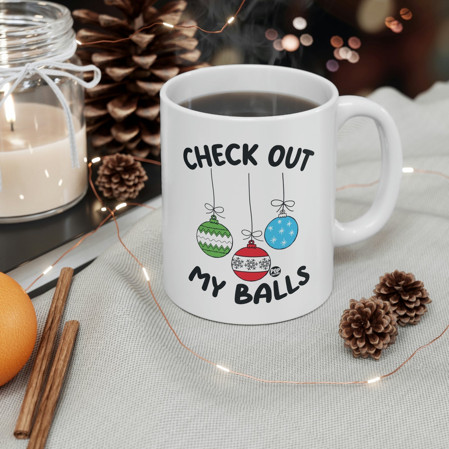 Check Out My Balls Christmas Mug – Funny Holiday Ornament Coffee Cup by StupidMug – Pop Factory® Cheeky Xmas Gift for Coworkers & Family