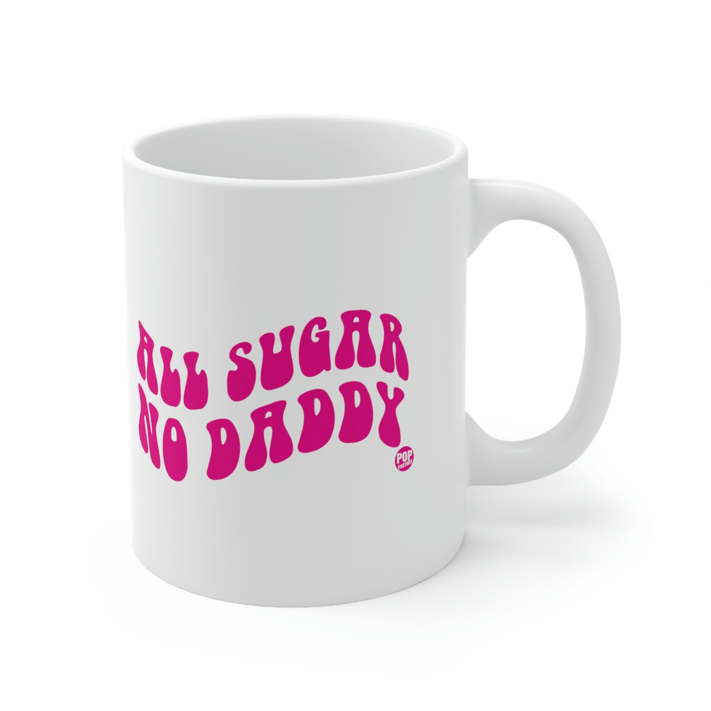 white coffee mug with pink block text 