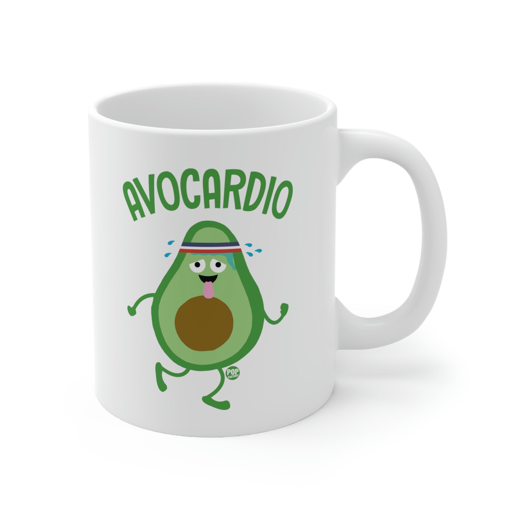 white mug with kwaii avocado with head band and arms and legs