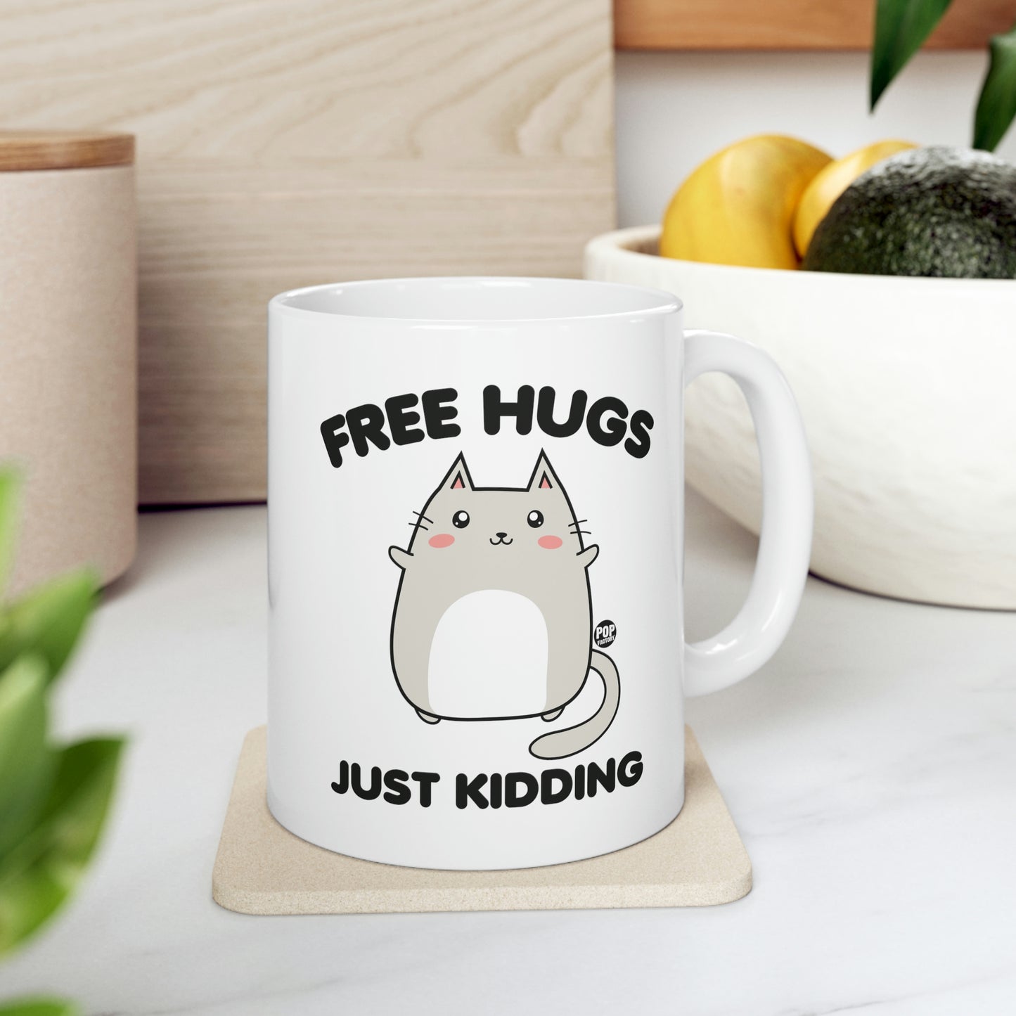 FREE HUGS JUST KIDDING CAT COFFEE MUG