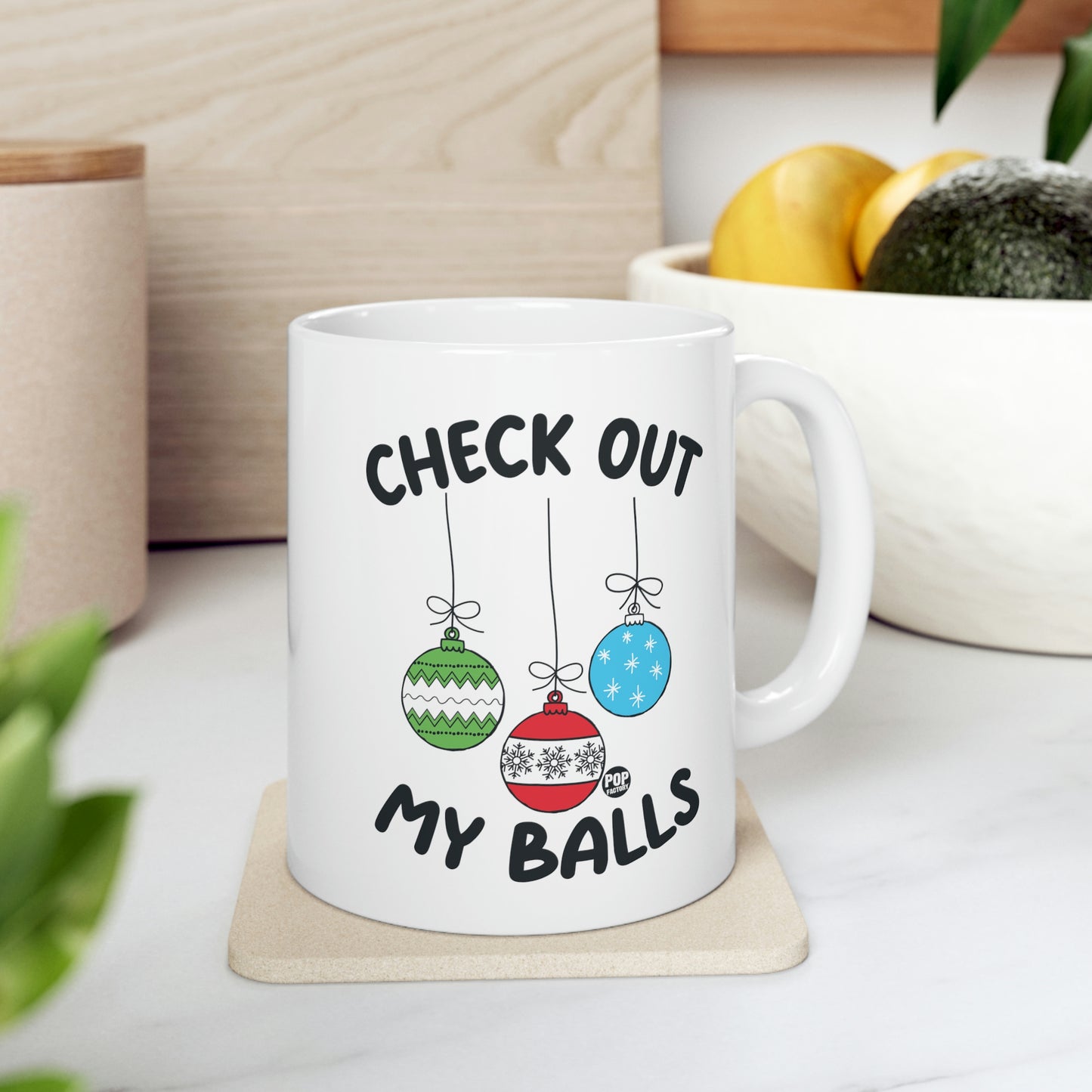 Check Out My Balls Christmas Mug – Funny Holiday Ornament Coffee Cup by StupidMug – Pop Factory® Cheeky Xmas Gift for Coworkers & Family